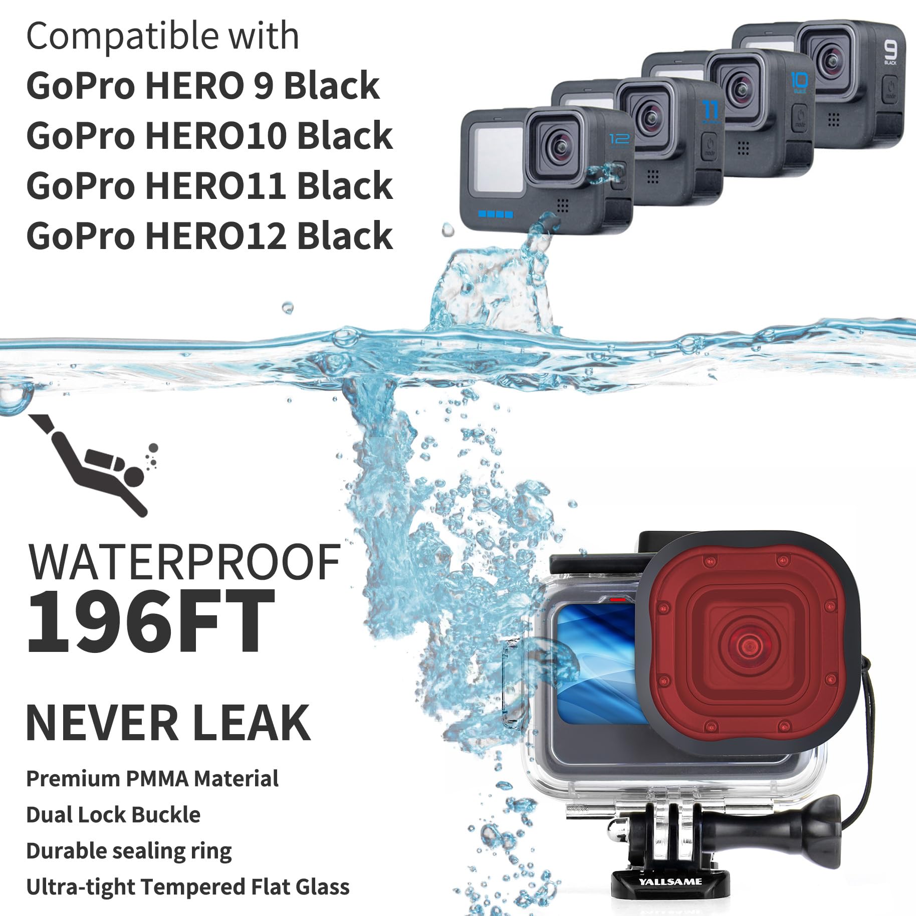 Yallsame Waterproof Case For Gopro Hero 12 Hero 11 Hero 10 Hero 9Black With 4 Filters & Expansion Adapters 196Ft Underwater Dive