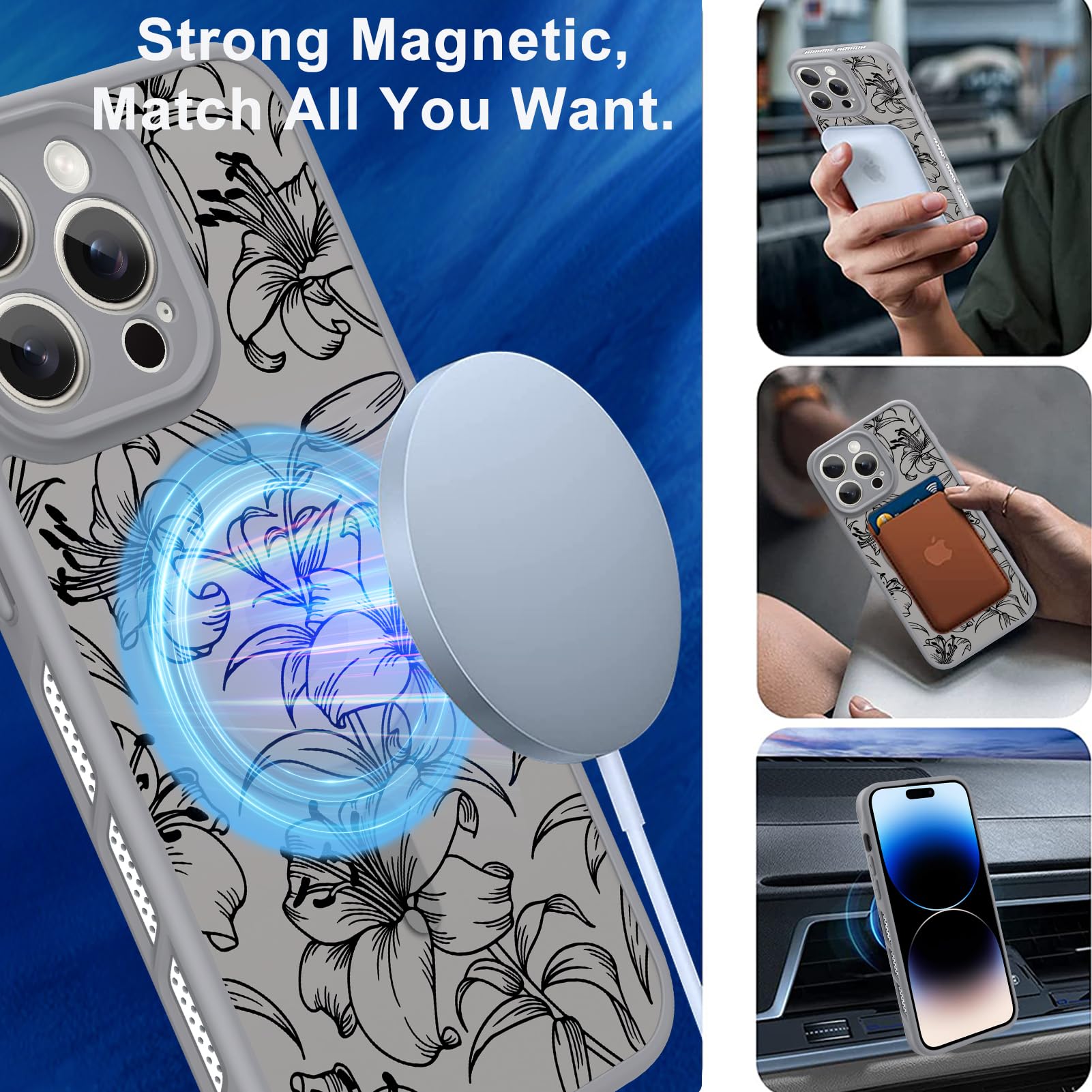 Ook Magnetic For Iphone 14 Pro Max Case Grey Flower Lily Pattern [Compatible With Magsafe] Slim Translucent Matte Camera Lens Pr