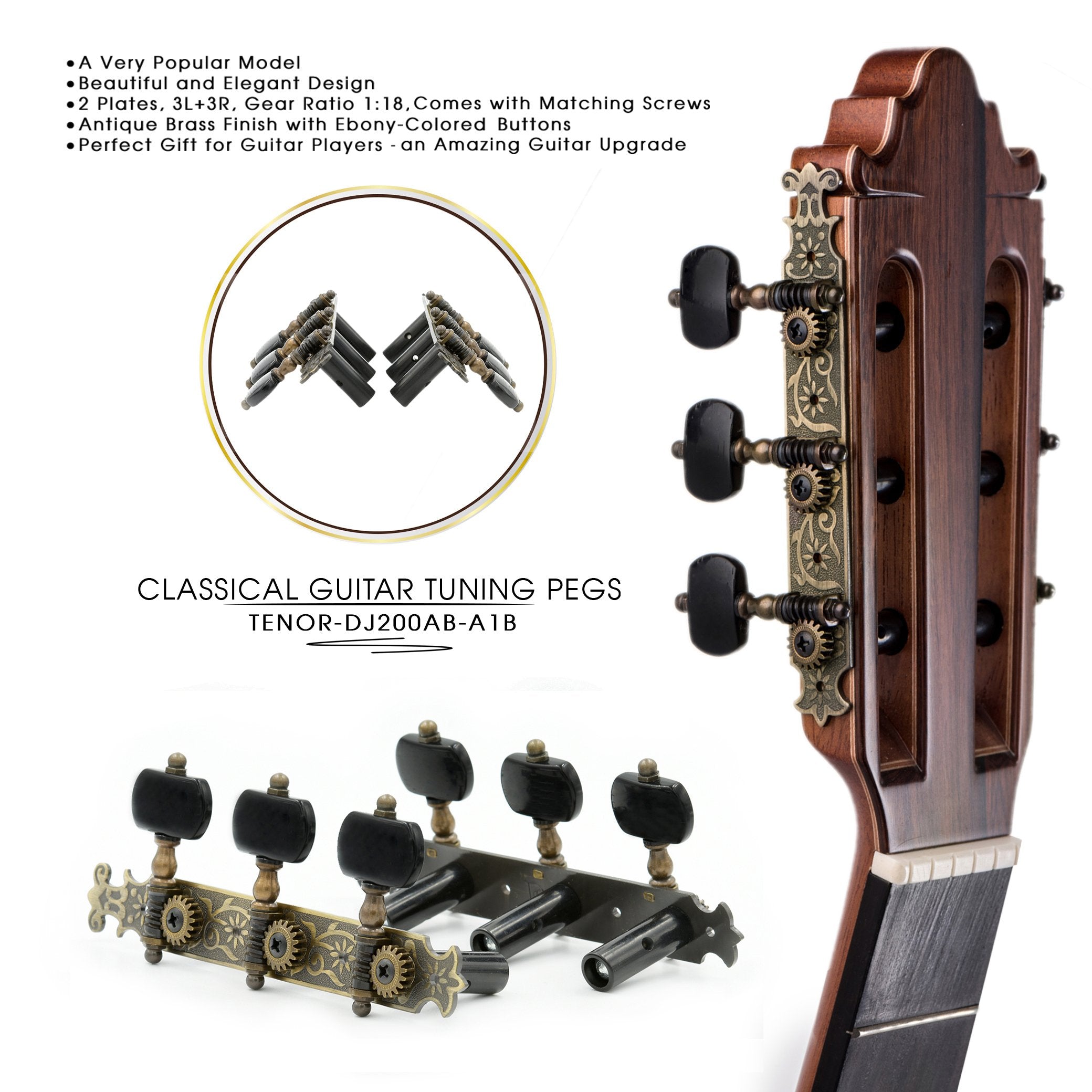 Dj200Ab A1B Tenor Classical Guitar Tuners Professional Tuning Key Pegs/Machine Heads For Classical Or Flamenco Guitar With Antiq