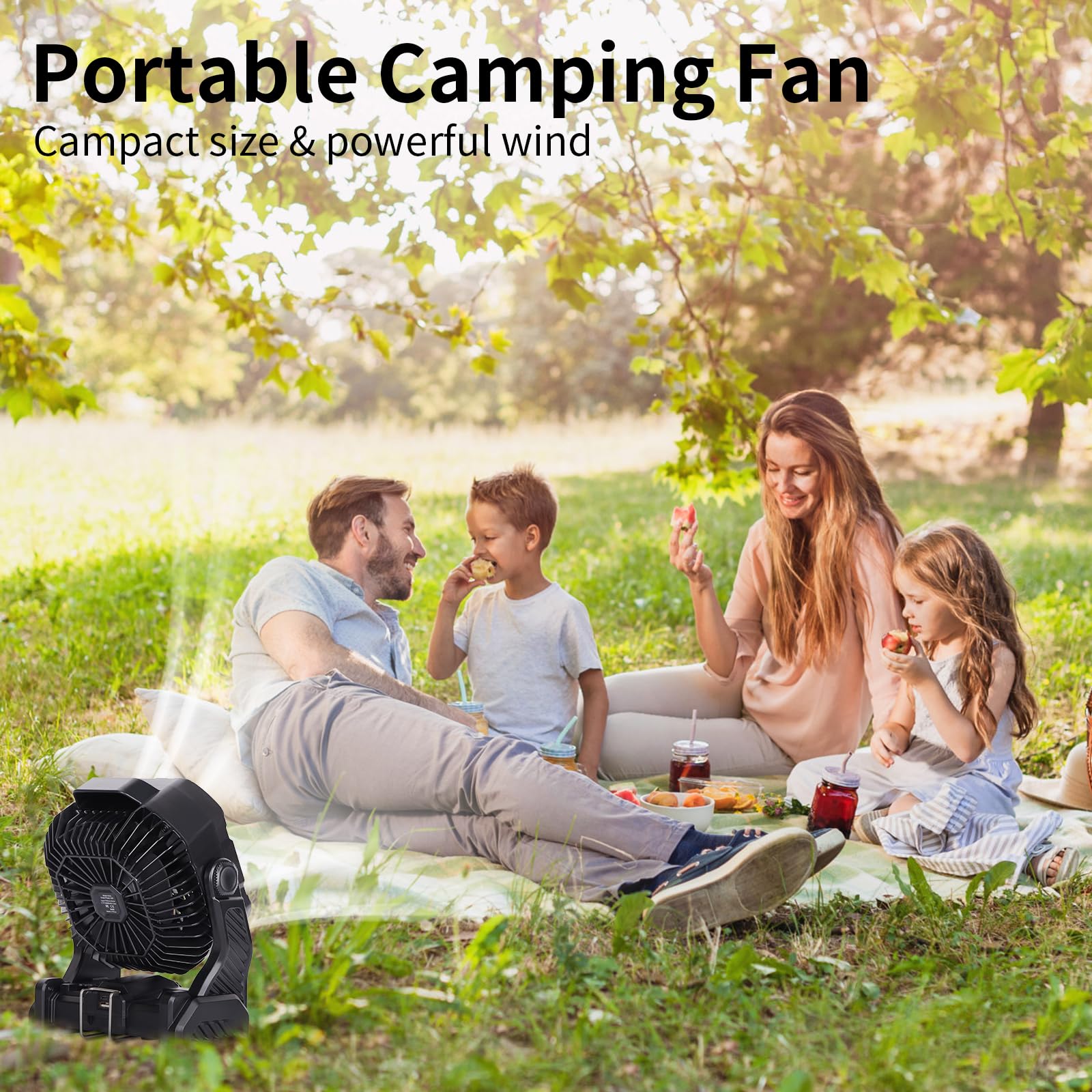 20000Mah Camping Fan,Portable Camping Fan Rechargeable Battery Operated Outdoor Tent Fan With Light & Hook, 270 Pivot, 4 Speeds,