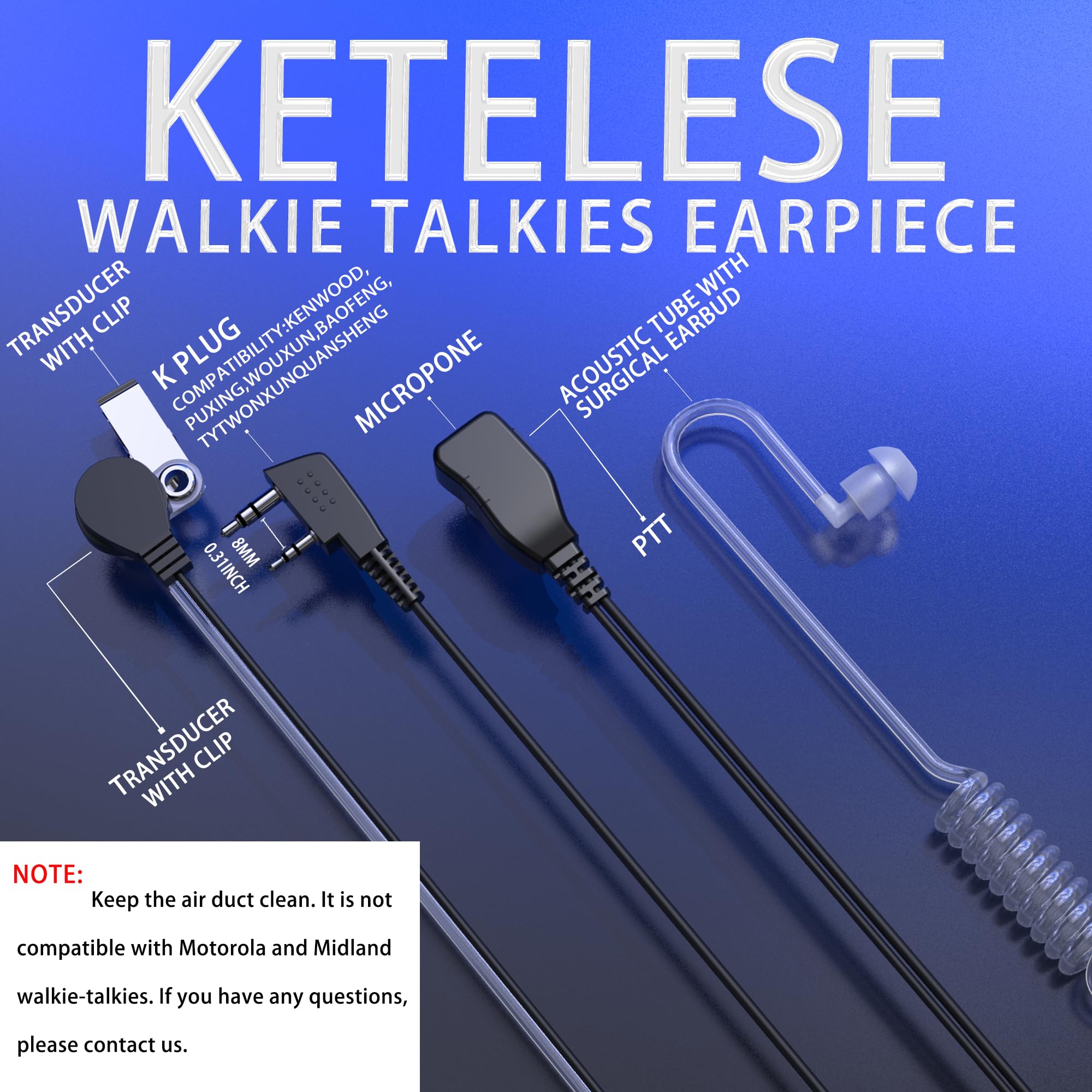 Ketelese Walkie Talkie Earpiece With Mic, 2 Pin Air Acoustic Tube Surveillance Headset, Two Way Radio Earpiece With Ptt/Vox, Sec