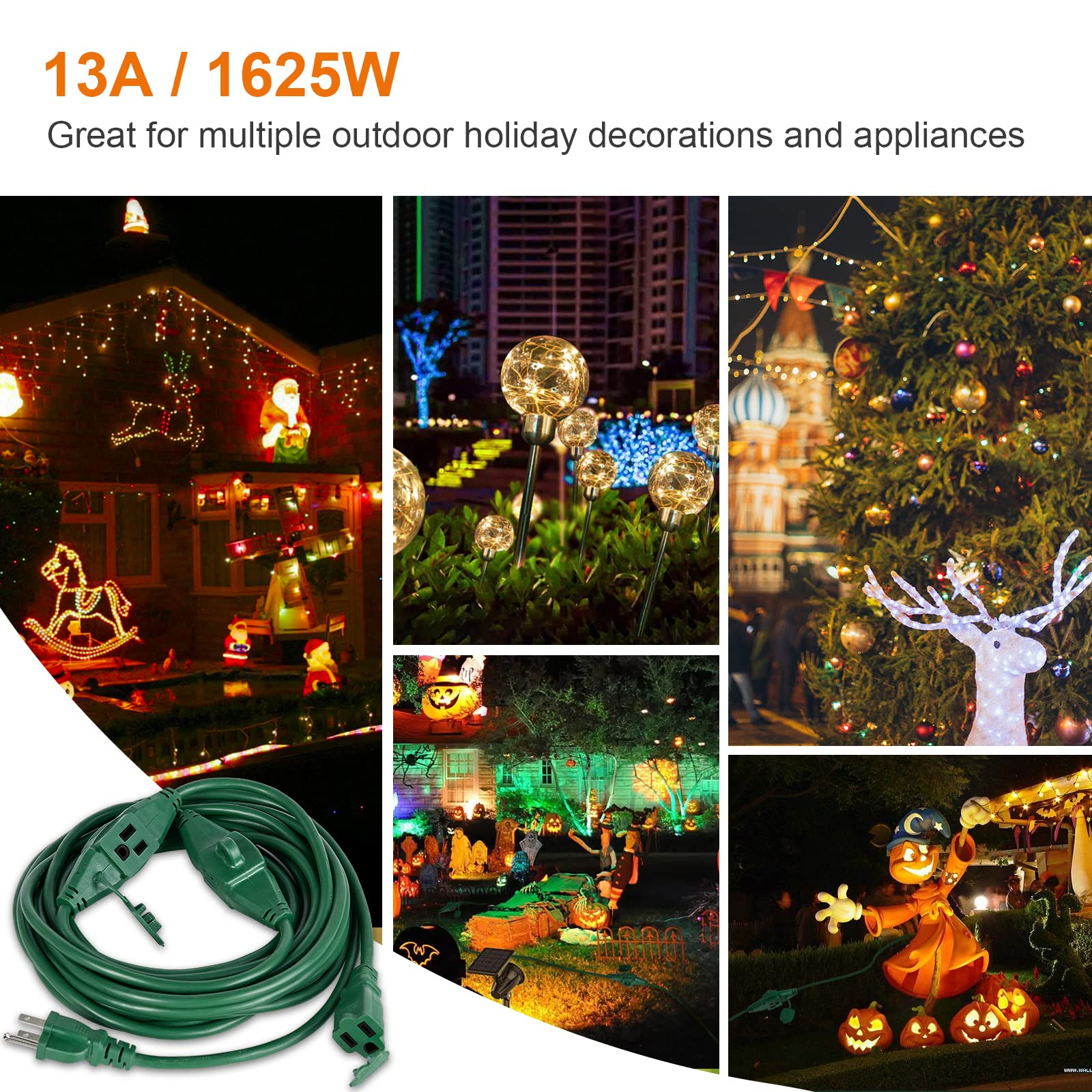 Suraielec 25 Ft Outdoor Extension Cord With Multiple Outlets, 3 Outlet Multi Plug Power Cord, 16/3 Gauge Sjtw, Weatherproof For