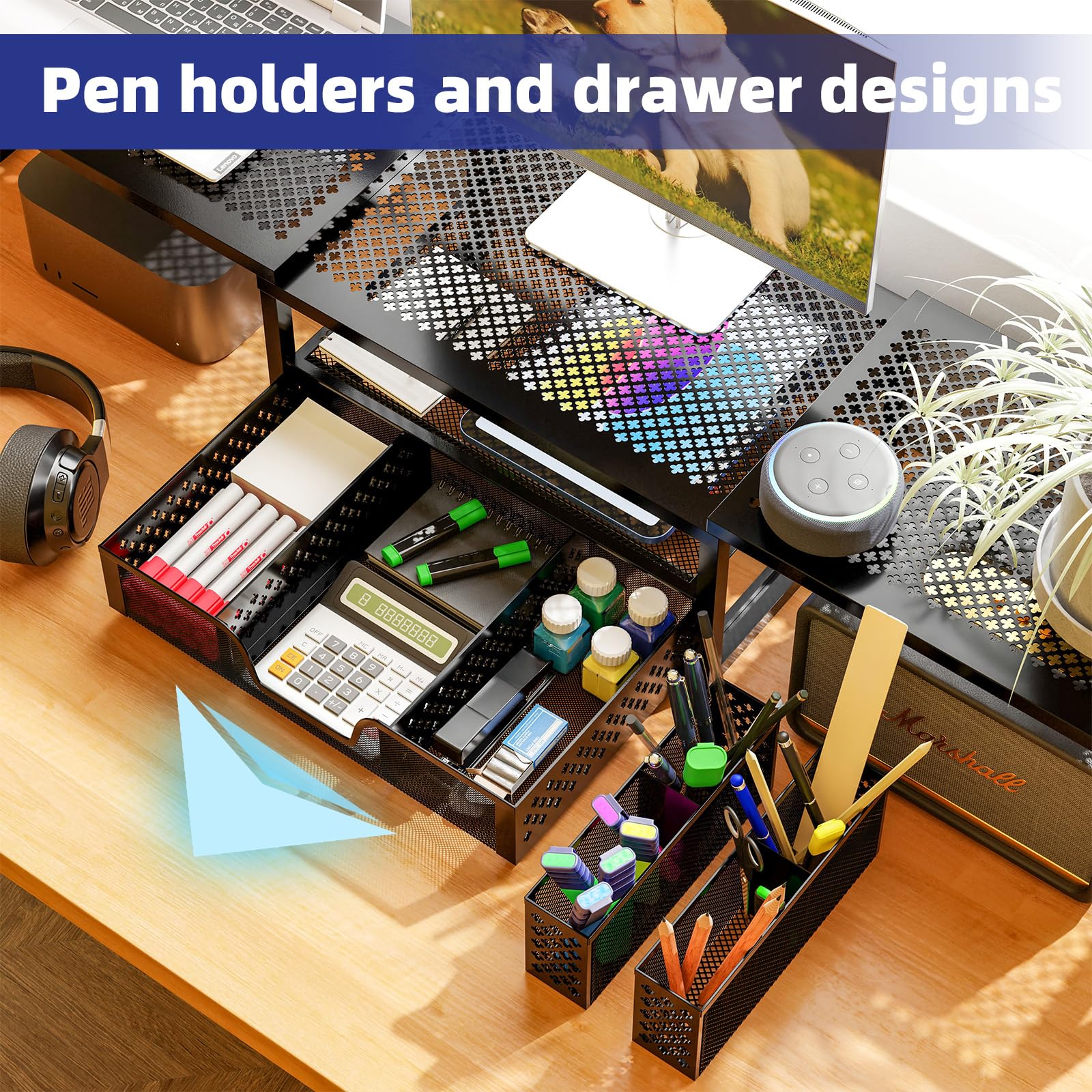 Simple Trending Monitor Stand Riser, Adjustable Angle Computer Desk Organizer With Drawer Storage And Pen Holder , Black