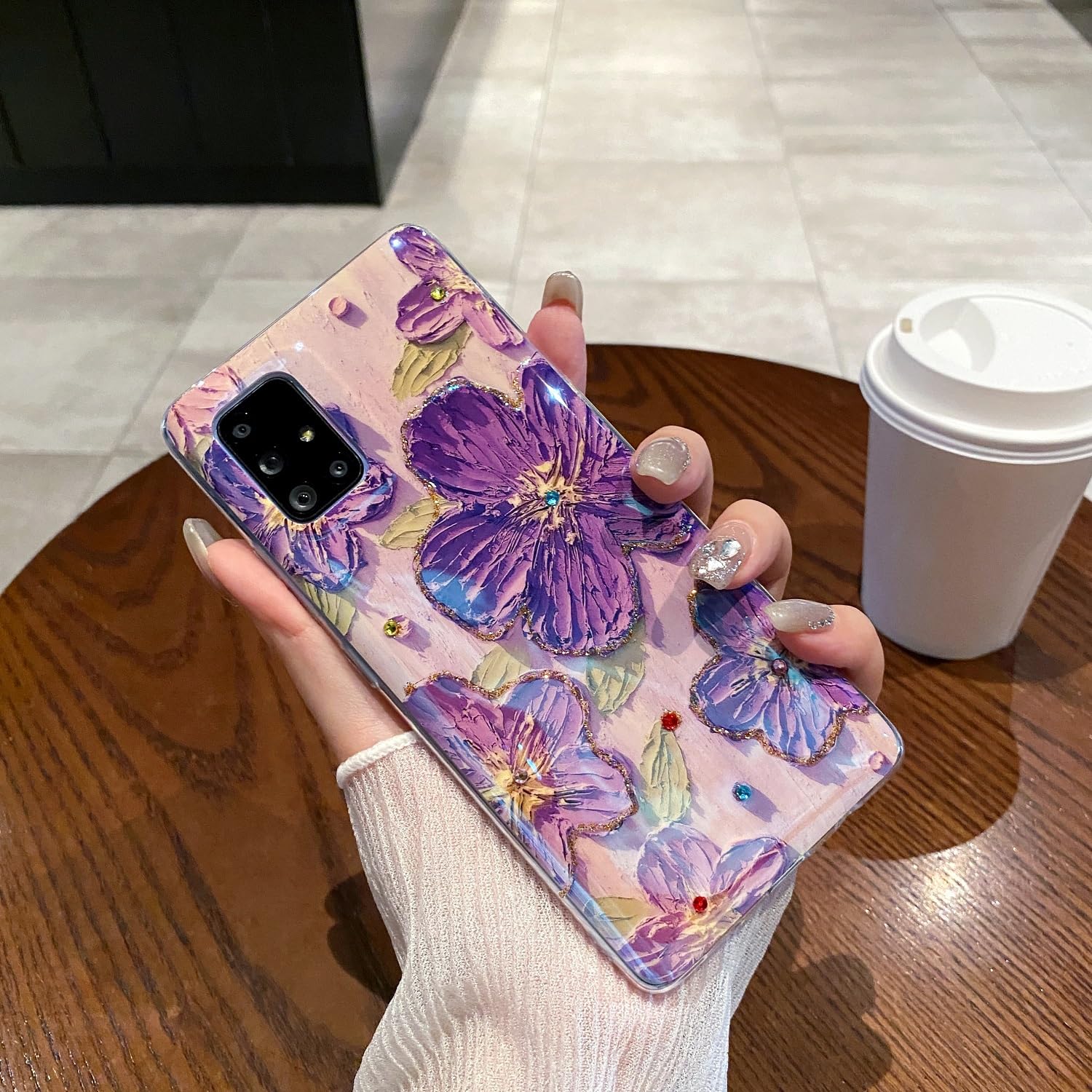LeLeYun Case for Samsung Galaxy A51 5g, Retro Oil Painting Printed Flower Cute Pattern with Glitter Gem Phone Cover Durable TPU 