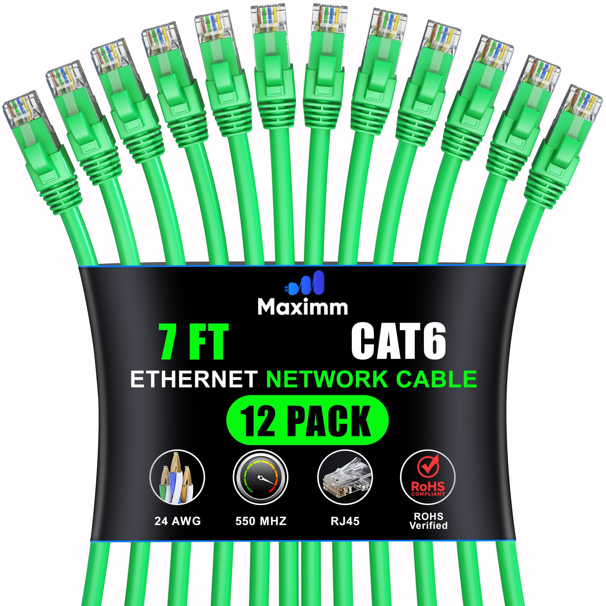 Maximm Cat 6 Ethernet Cable 7 Ft (12 Pack)   High Speed Lan Cable, Internet Cable, Patch Cable, And Network Cable   Utp, 10Gbps, 550Mhz Ethernet Cord   Green