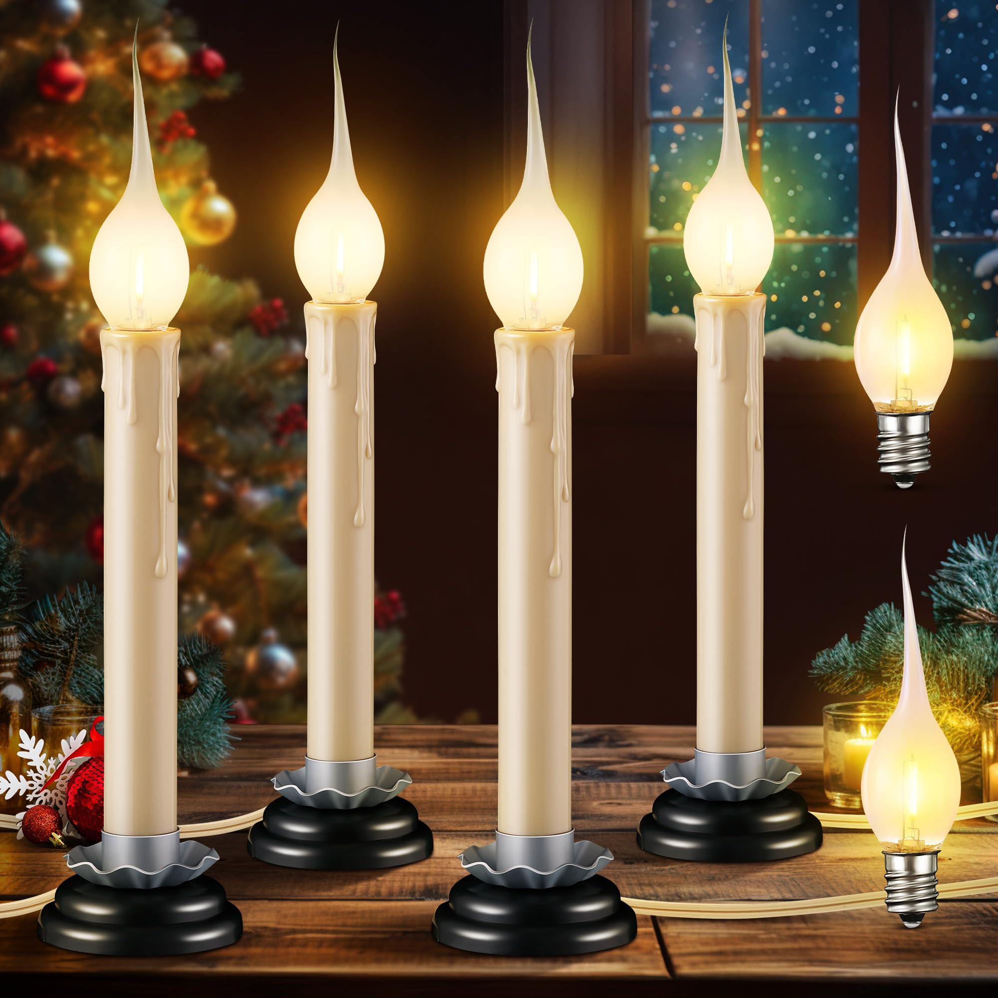 Enhon 4 Pack Electric Window Candle Lights, 7 Inch Christmas Window Candles Plug in with LED Silicone Bulb, 120V C7 0.6W Warm Wh
