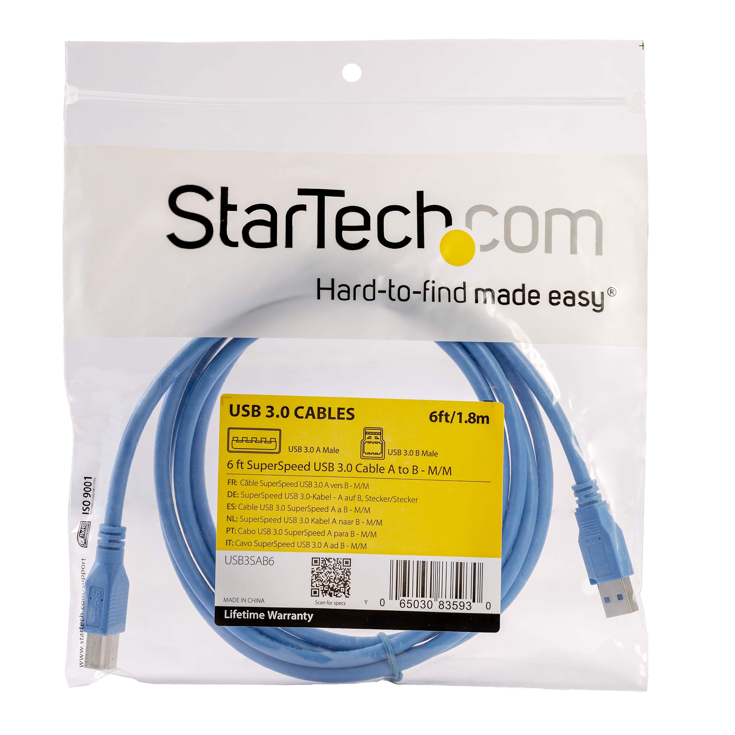 Startech.Com 6 Ft / 2M Superspeed Usb 3.0 Cable A To B   1   Usb 3.0 A (Male) To 1   Usb 3.0 B (Male) (Usb3Sab6), Blue