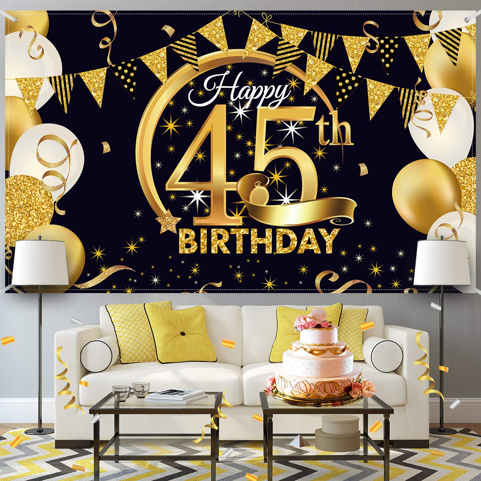 Birthday Party Decoration Extra Large Fabric Black Gold Sign Poster For Anniversary Photo Booth Backdrop Background Banner, Birt