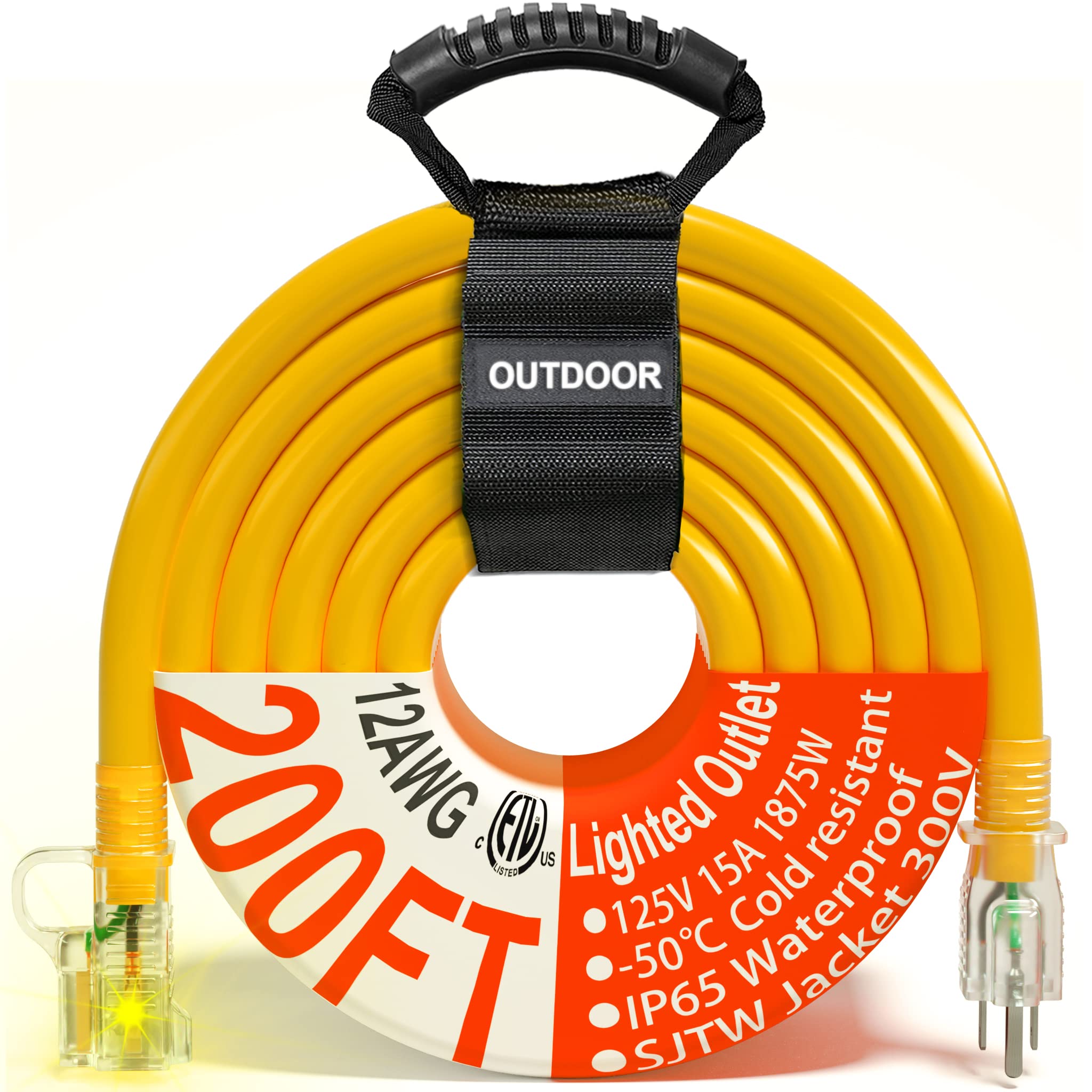 Huanchain 200 Ft 12/3 Gauge Outdoor Extension Cord Waterproof Heavy Duty With Lighted End, Flexible 3 Prong Electric Cord Outsid
