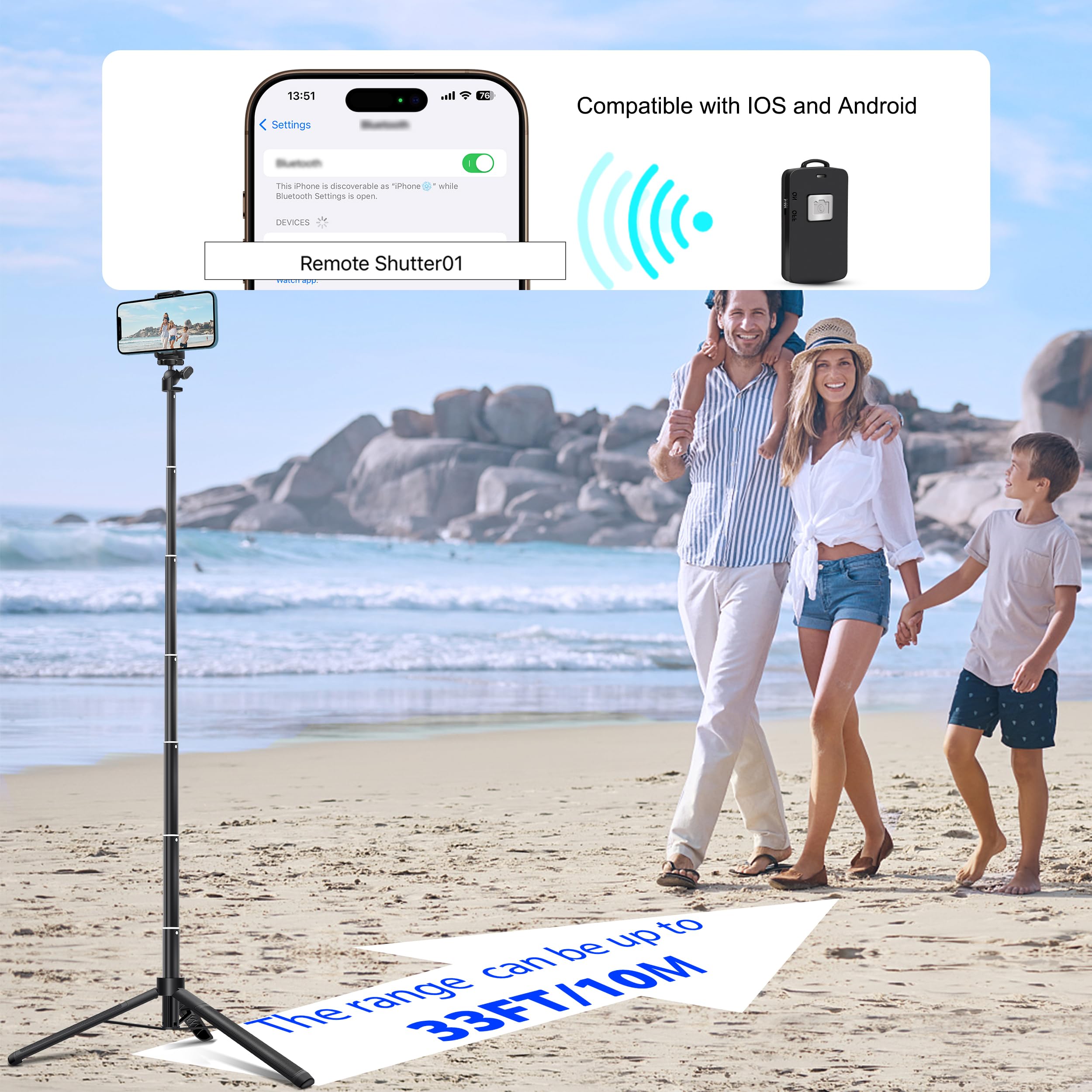 Selfie Stick Portable 40 Inch Aluminum Alloy Selfie Stick Phone Tripod With Wireless Remote Shutter Compatible With All Cell Pho