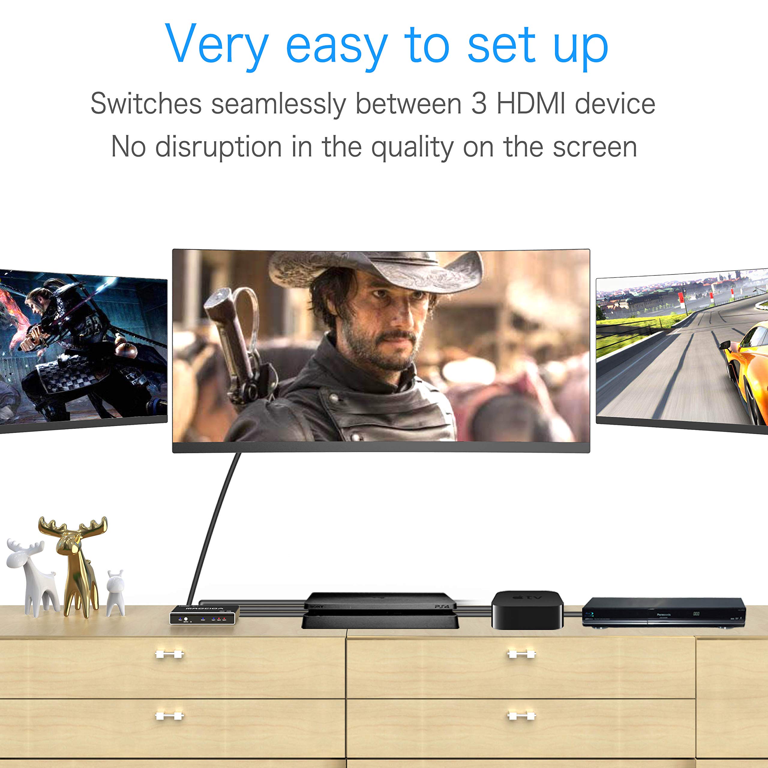 Hdmi Switch 3 In 1 Out 4K Hdmi Switcher Box With Remote. Hdmi Splitter 4K Hub. Support Ps4/ Xbox One/Fire Tv/Apple Tv/Sky Box/St