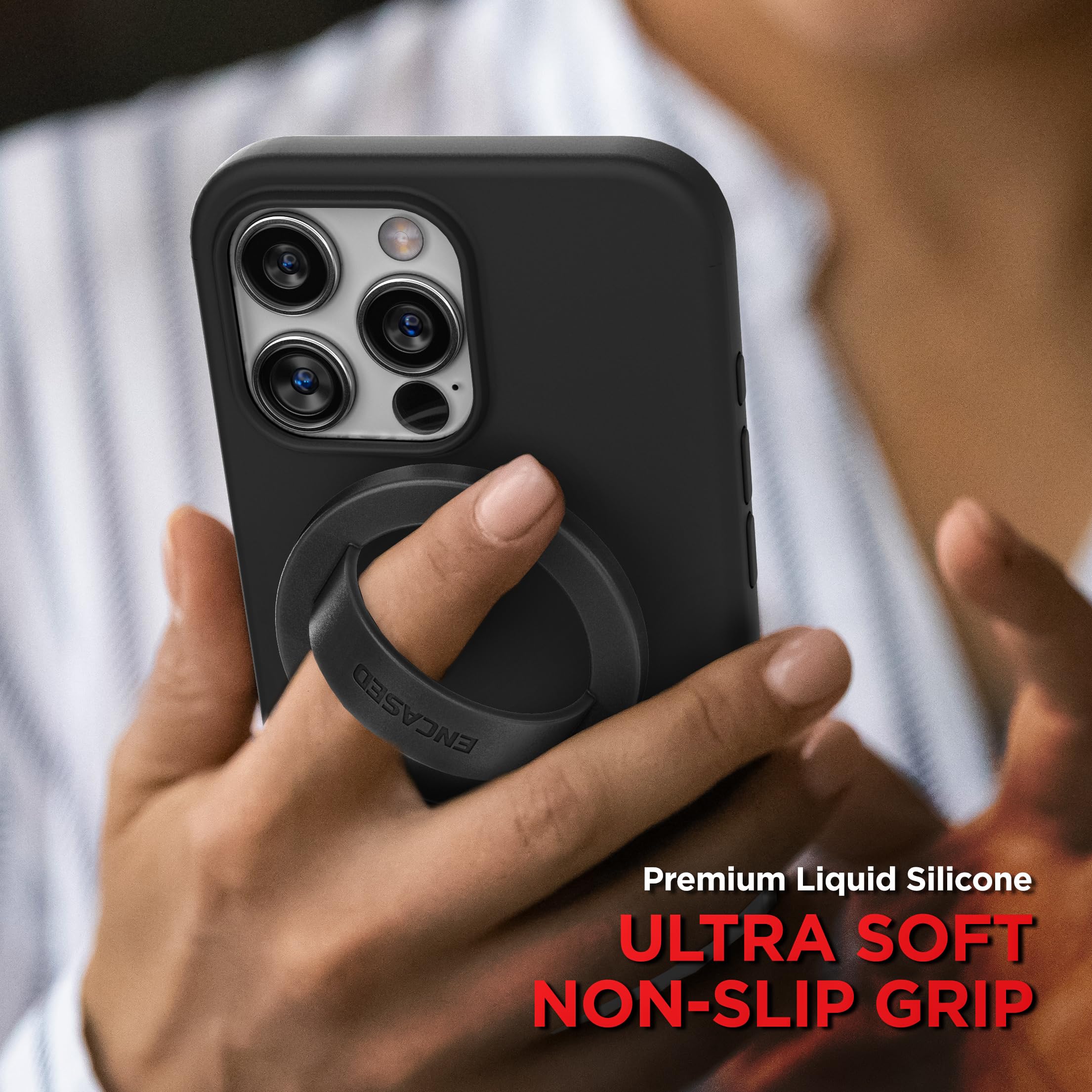 Encased Magnetic Phone Grip Holder (Compatible With Magsafe) Thin Silicone Finger Loop Ring For Iphone (Black)