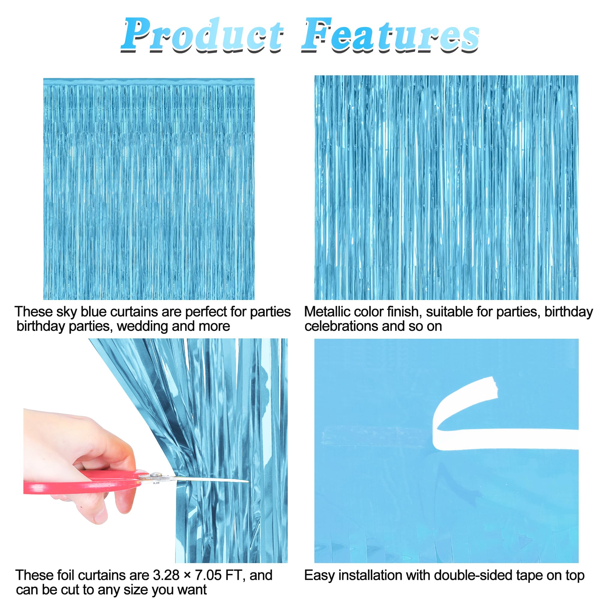 12 Pack Party Decorations, 3.28 Ft X 7.05 Ft Sky Blue Curtains, Metallic Party Streamers Photo Booth Backdrop Foil Fringe Curtai