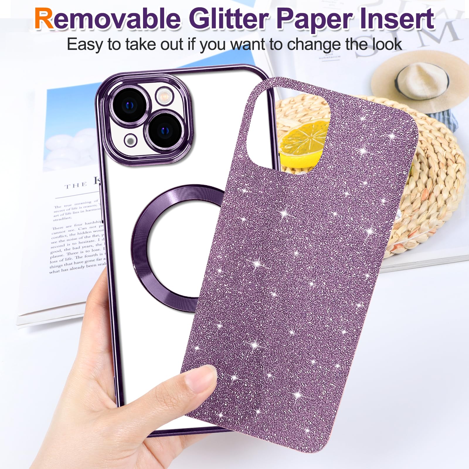 Hython For Iphone 14 Case Glitter, Clear Magnetic Phone Cases With Camera Lens Protector [Compatible With Magsafe] Bling Sparkle