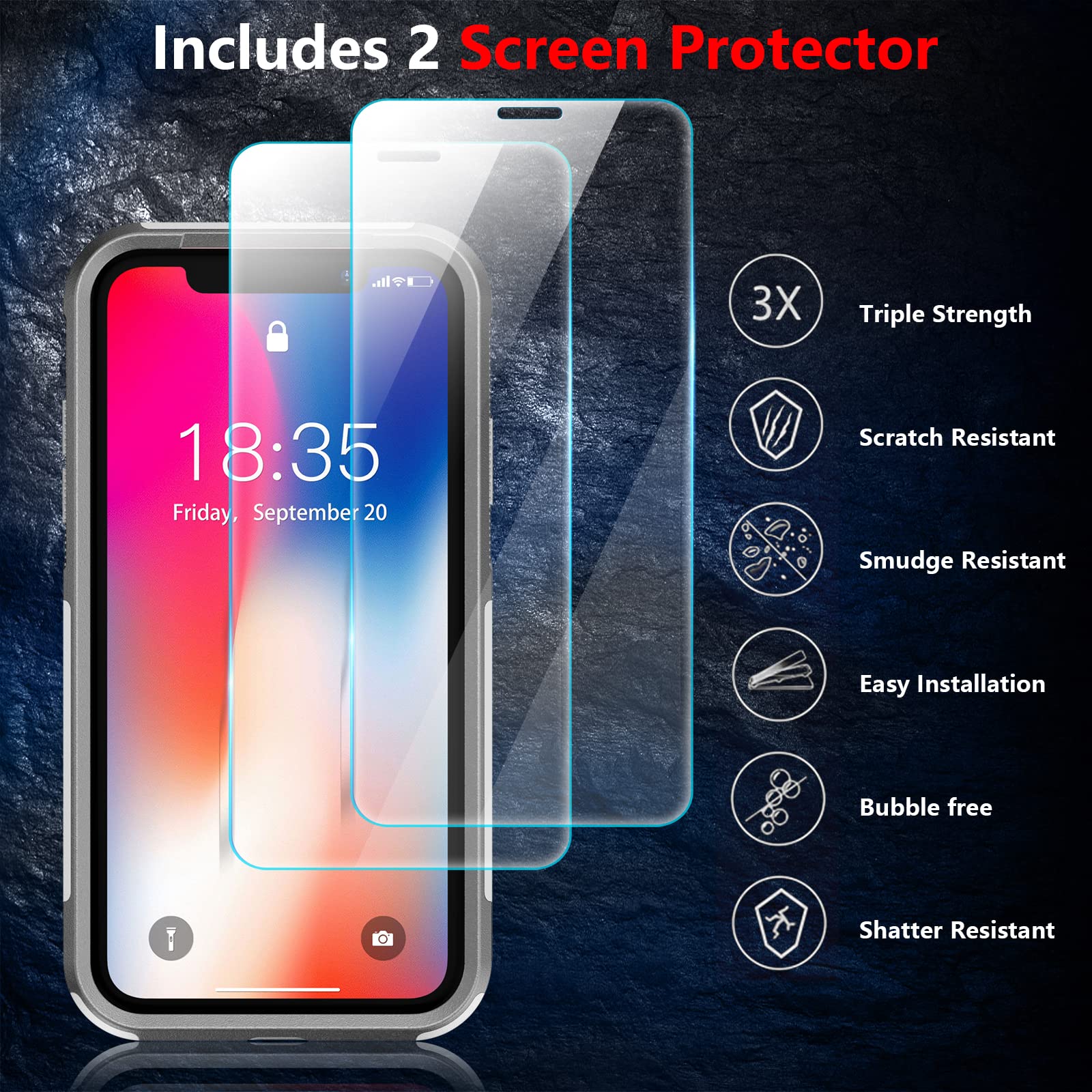 Spidercase For Iphone X/Xs Case,[Dual Layer][10 Ft Military Grade Drop Protection] [Non Slip] [2 Pcs Tempered Glass Screen Prote