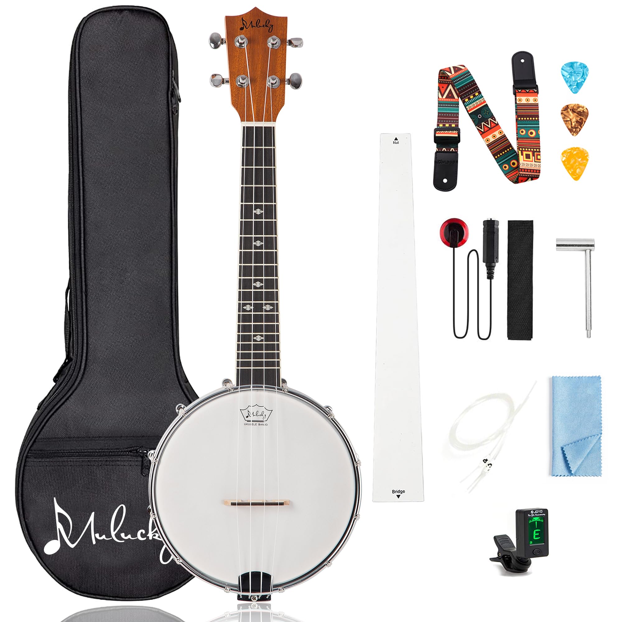 Mulucky 4-String Banjo Ukulele | Banjolele 23 Sapele Wood with Remo Head & Nylon Strings | Dark Brown Travel Kit (Bag, Tuner, Pi