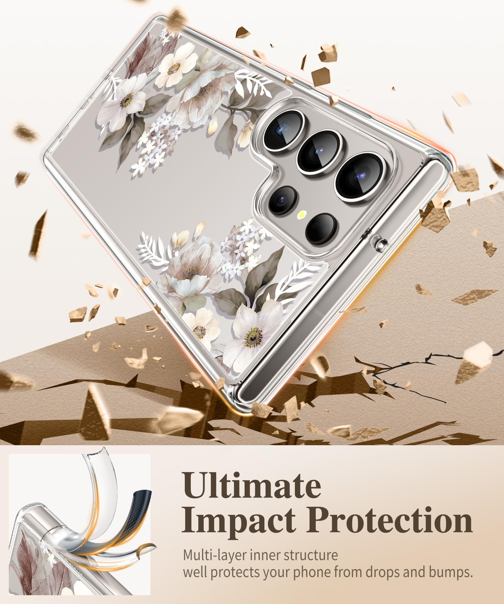 Gviewin For Samsung Galaxy S24 Ultra Case With Screen Protector+Camera Protector, [Mil Grade Drop Protection] Floral Clear Slim