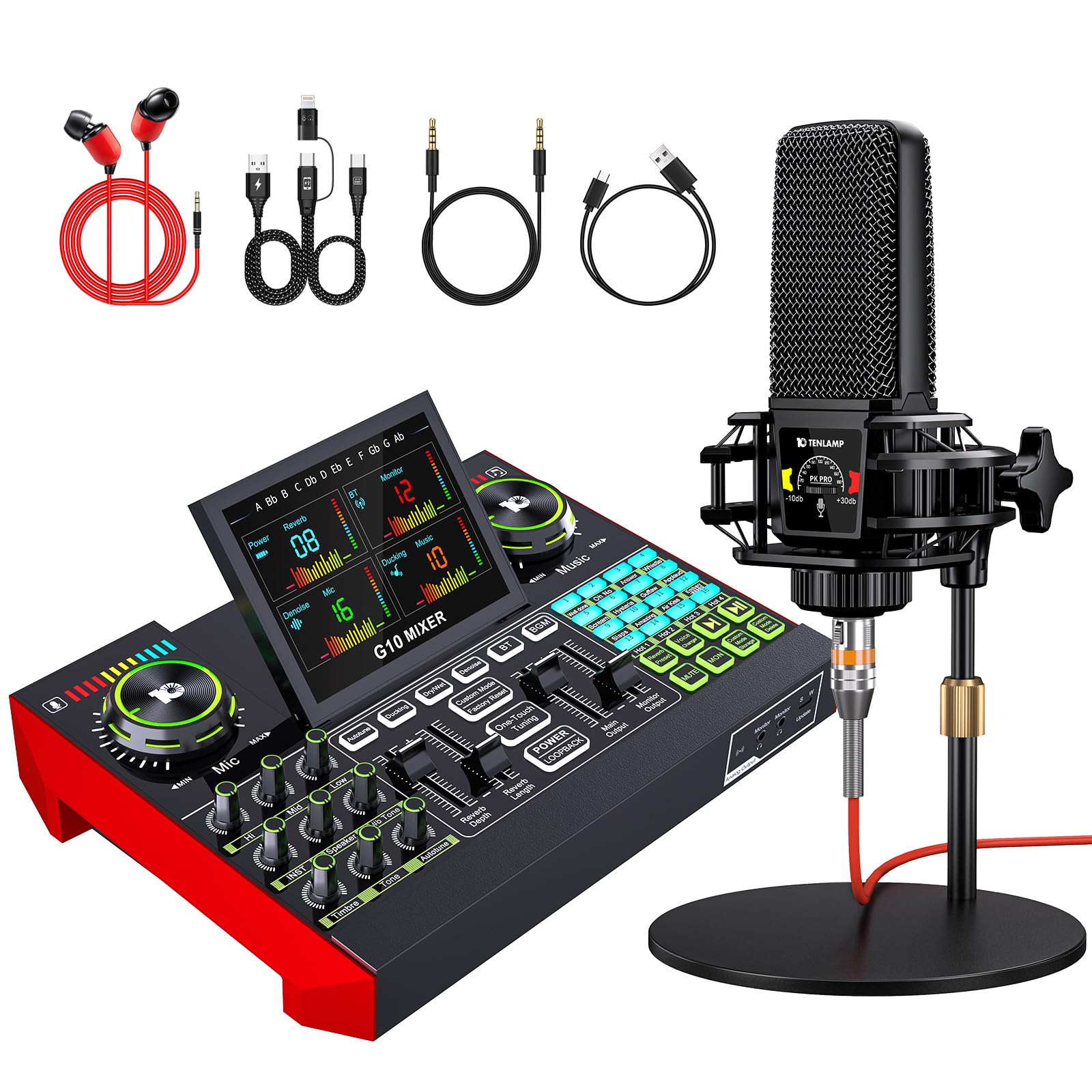 Podcast Equipment Bundle,With 3.5Mm Condenser Microphone & Live Sound Card   Audio Mixer For Streaming, Pc/Mobile Live Singing,