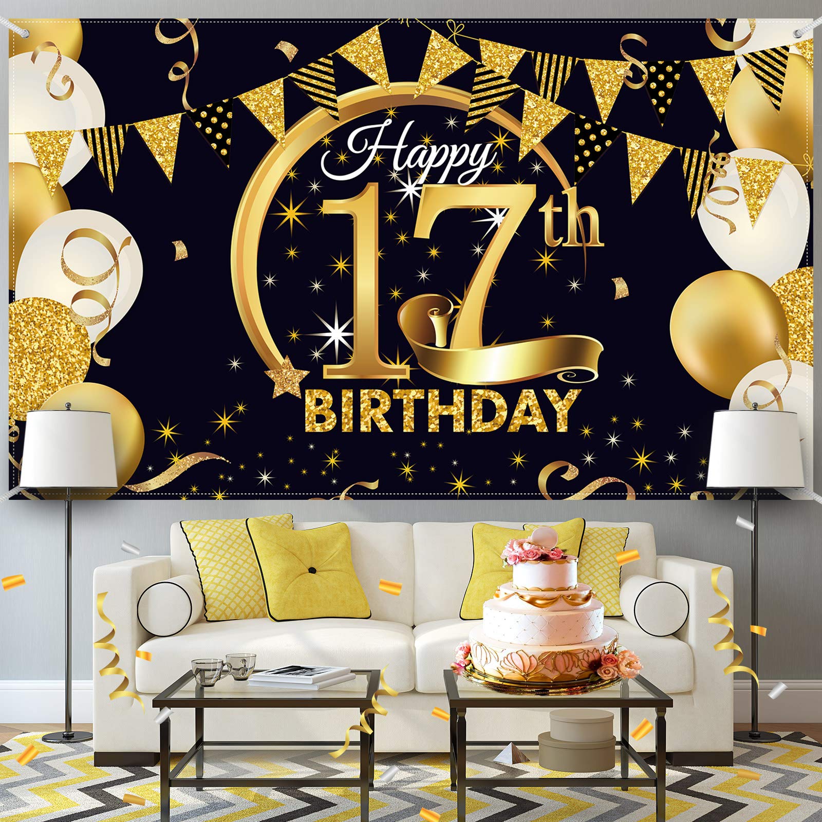 17Th Birthday Party Decoration, Extra Large Fabric Black Gold Sign Poster For 17Th Anniversary Photo Booth Backdrop Background B