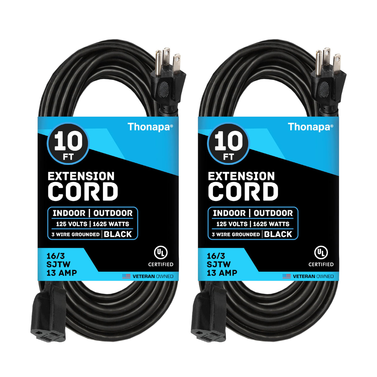 Thonapa Weatherproof Black Extension Cord 10 Ft, 2 Pack, 16/3 Christmas Light Extension Cord Outdoor 10 Foot 3 Prong, 16/3 Sjtw