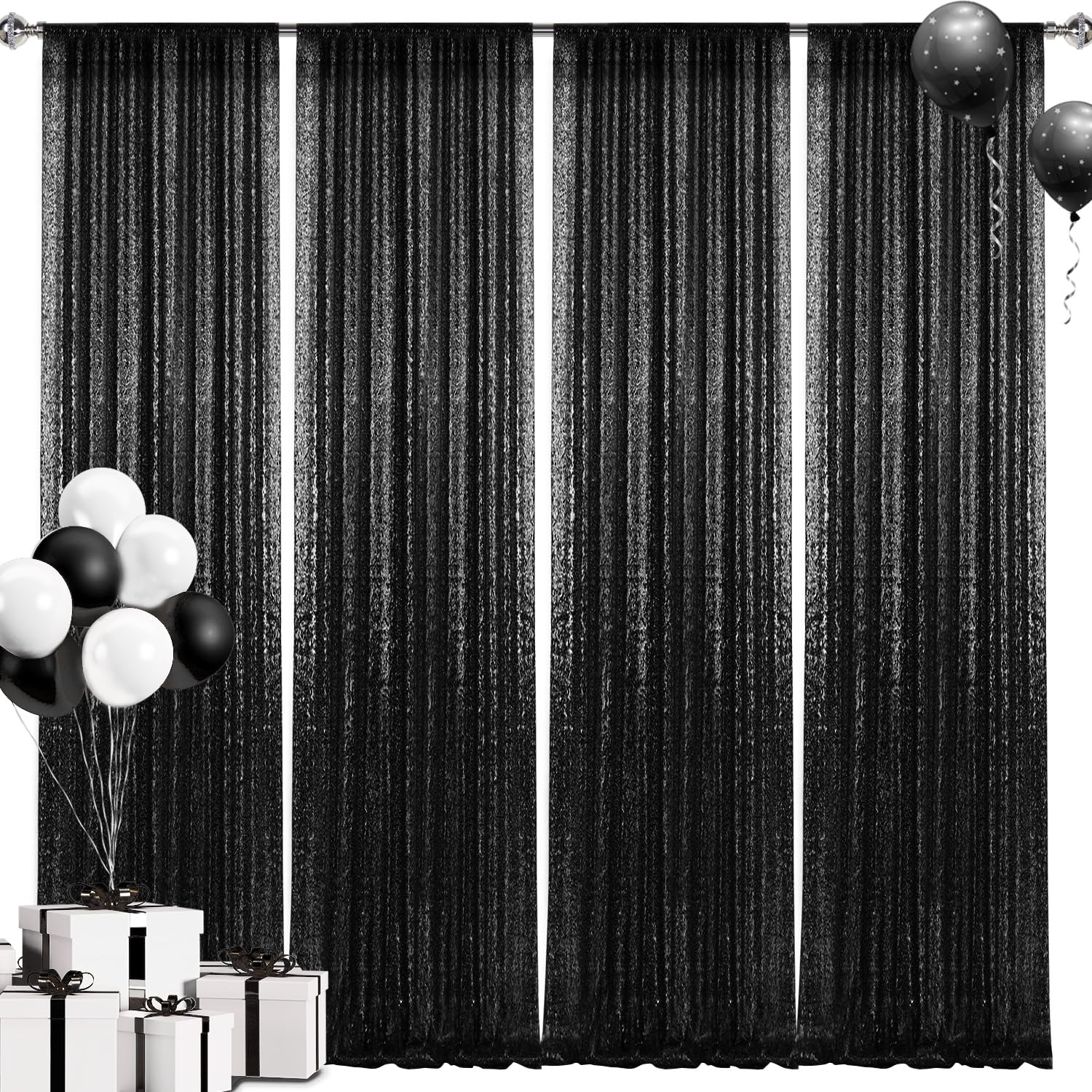 2  8Ft 4Pcs Black Sequin Backdrop Curtains Panels, Photography Backdrop Glitter Curtains Fabric Background For Christmas Wedding