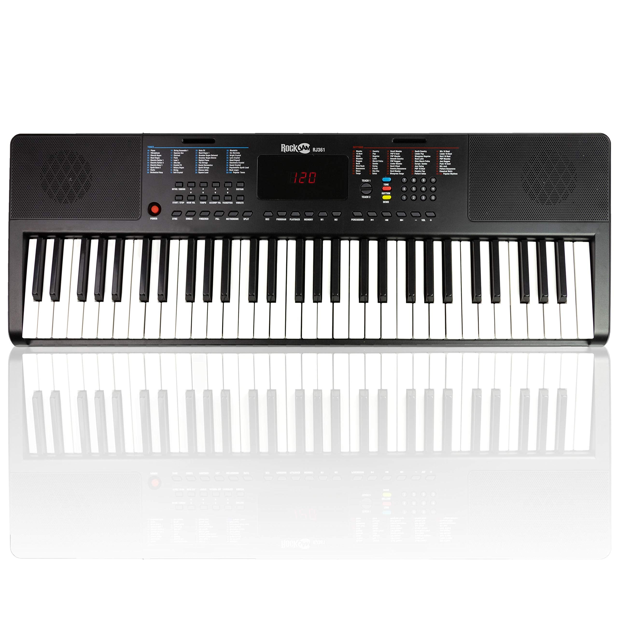 Rockjam Compact 61 Key Keyboard With Sheet Music Stand, Power Supply, Piano Note Stickers & Simply Piano Lessons