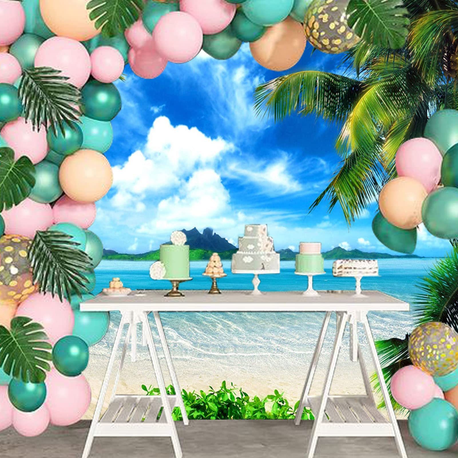 Maqtt Hawaiian Tropic Photography Background Beach Palm Tree Blue Sky And White Clouds Wedding Party Decoration Banner Photo Pho