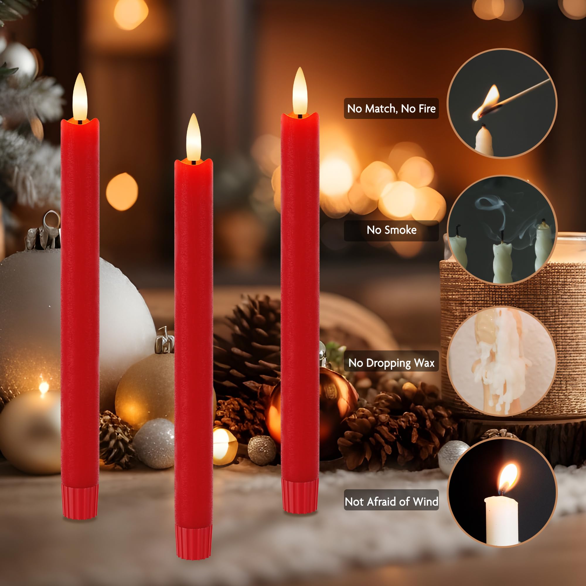 Red Flameless Taper Candles 9.6'' Christmas Led Candles Real Wax With Remote Timer, Battery Operated Led Candles Set With 3D Fli