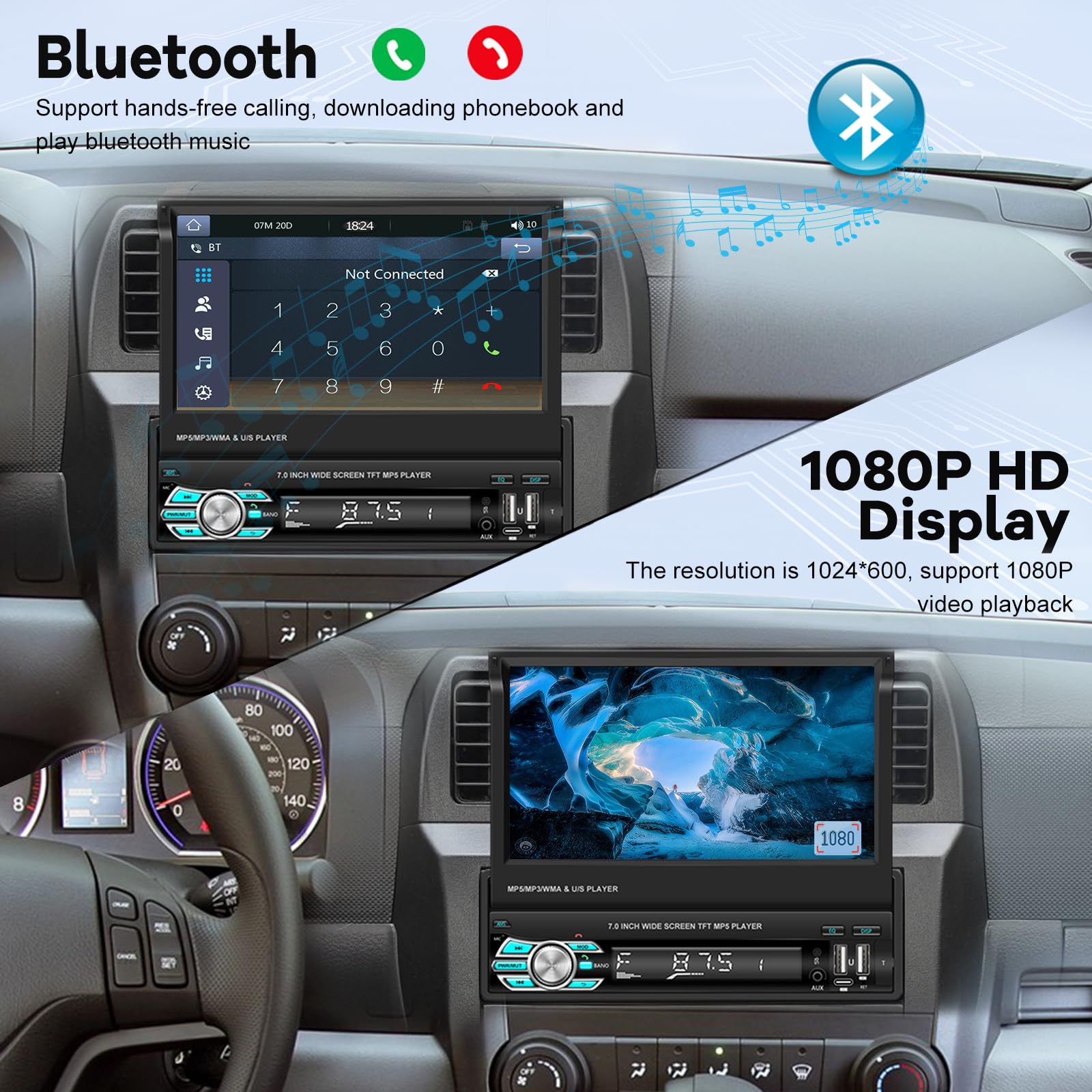 Single Din Flip Out Screen Car Stereo With Wireless Carplay And Android Auto, 7 Inch 1 Din Touch Screen Radio Support Bluetooth/