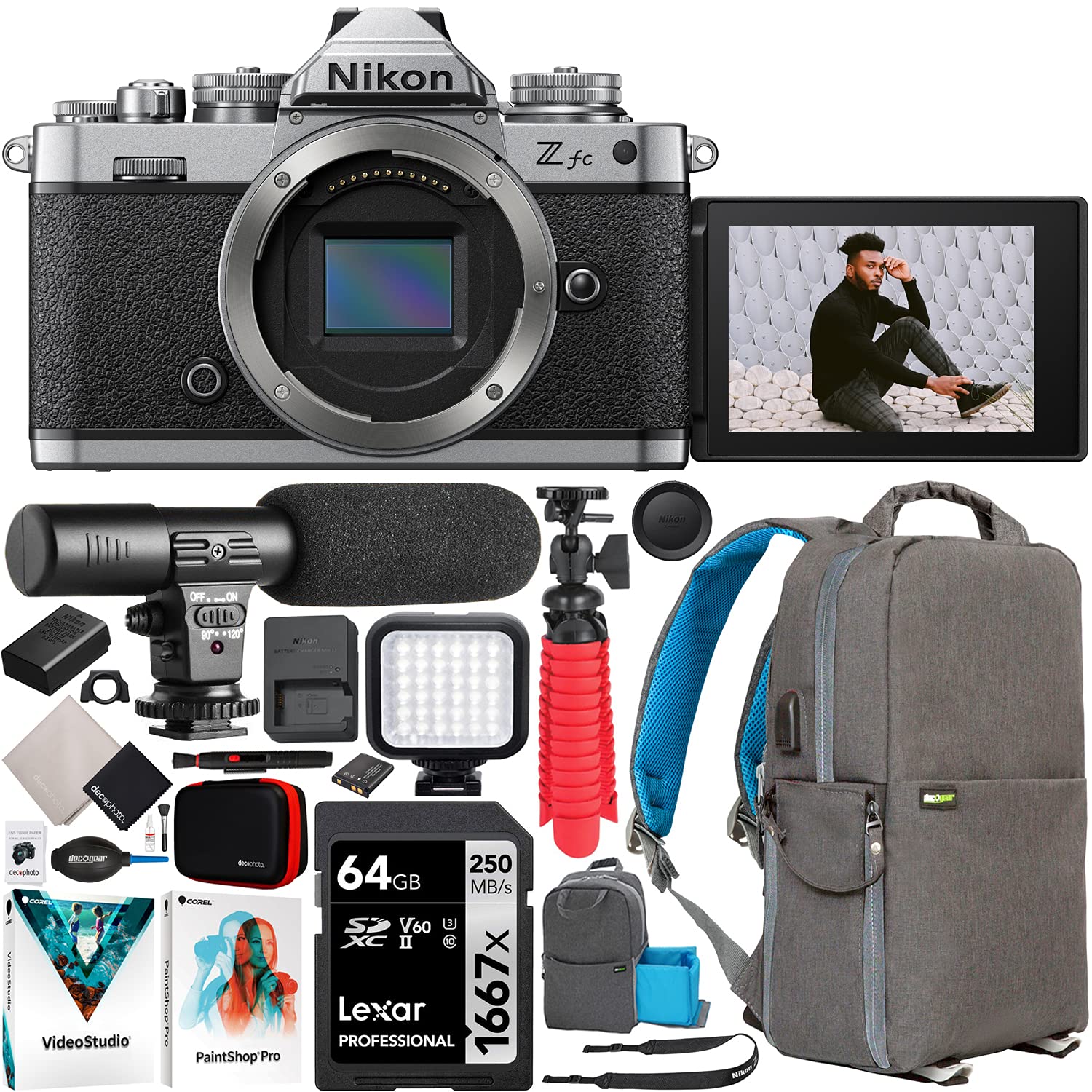Nikon Z fc DX-Format Mirrorless Camera Body (Black) 1671 Bundle with Deco Gear with Deco Gear Microphone + LED Light + Backpack 