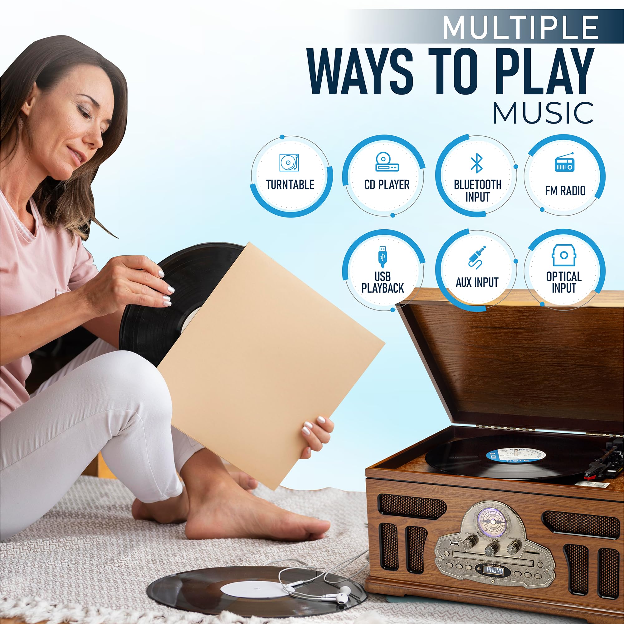 Soundbeast All In One Turntable With 3 Speed Record Player, Bluetooth, Cd, Cassette Tape, Am/Fm Radio, Usb, Built In Speakers, H