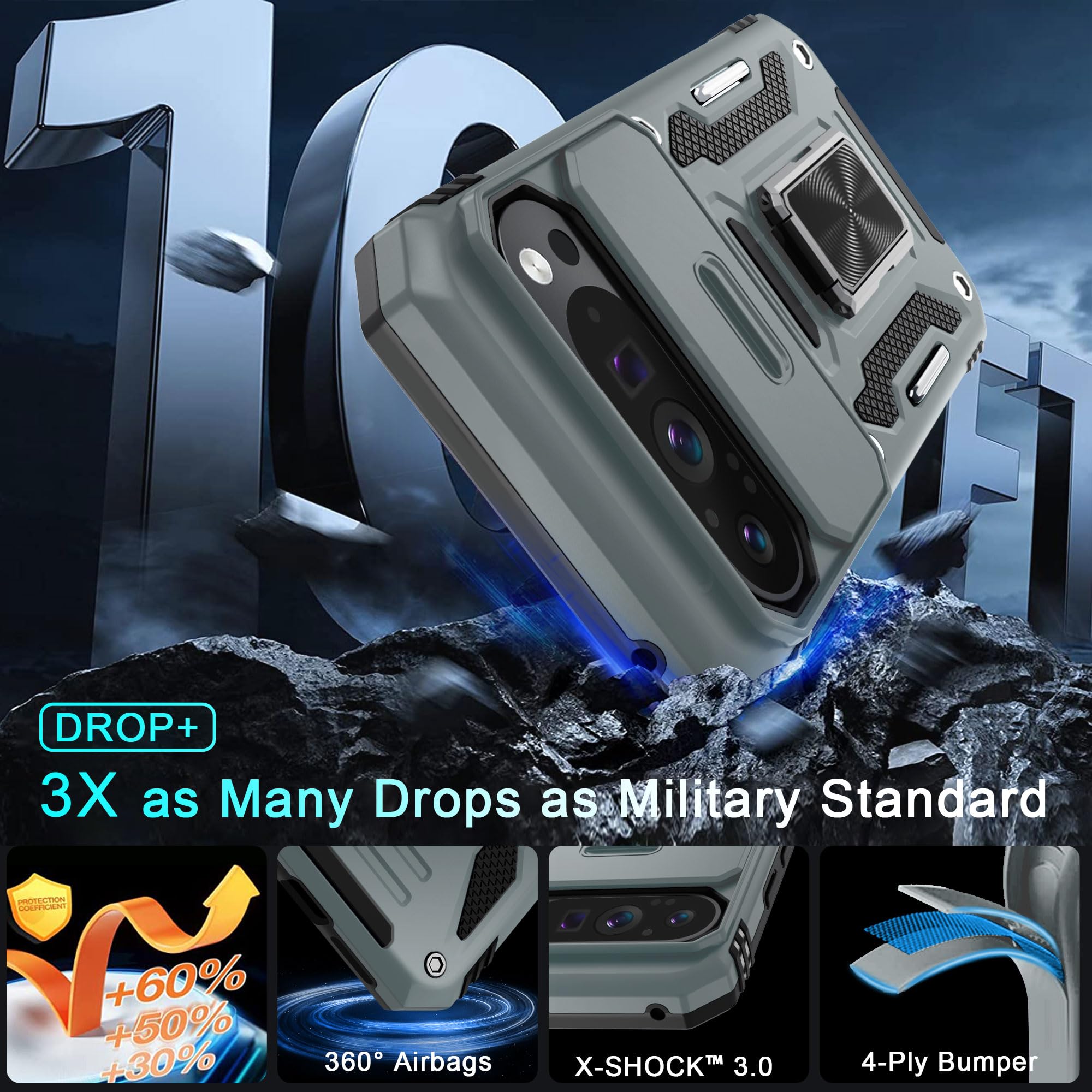 Deerlamn Case For Google Pixel 9 Pro Xl With Slide Camera Cover+Screen Protector(1 Pack), Rotated Ring Kickstand Military Grade