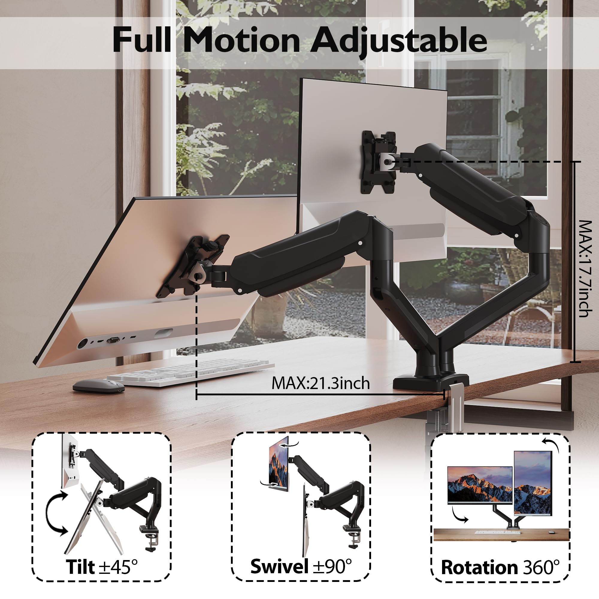 Bontec Dual Monitor Stand, Adjustable Gas Spring Monitor Desk Mount For 13 32 Inch Screens, Full Motion Vesa Mount With C Clamp,
