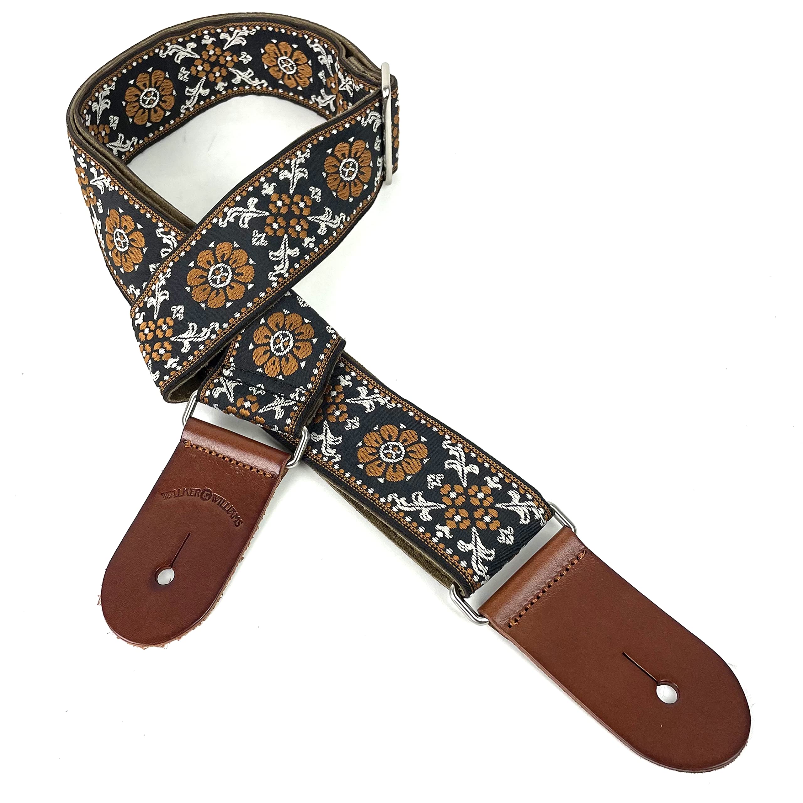 Walker And Williams H42 Vintage Series Plush Back Cream Mandala Woven Guitar Strap With Thick Chestnut Leather Ends For Acousti