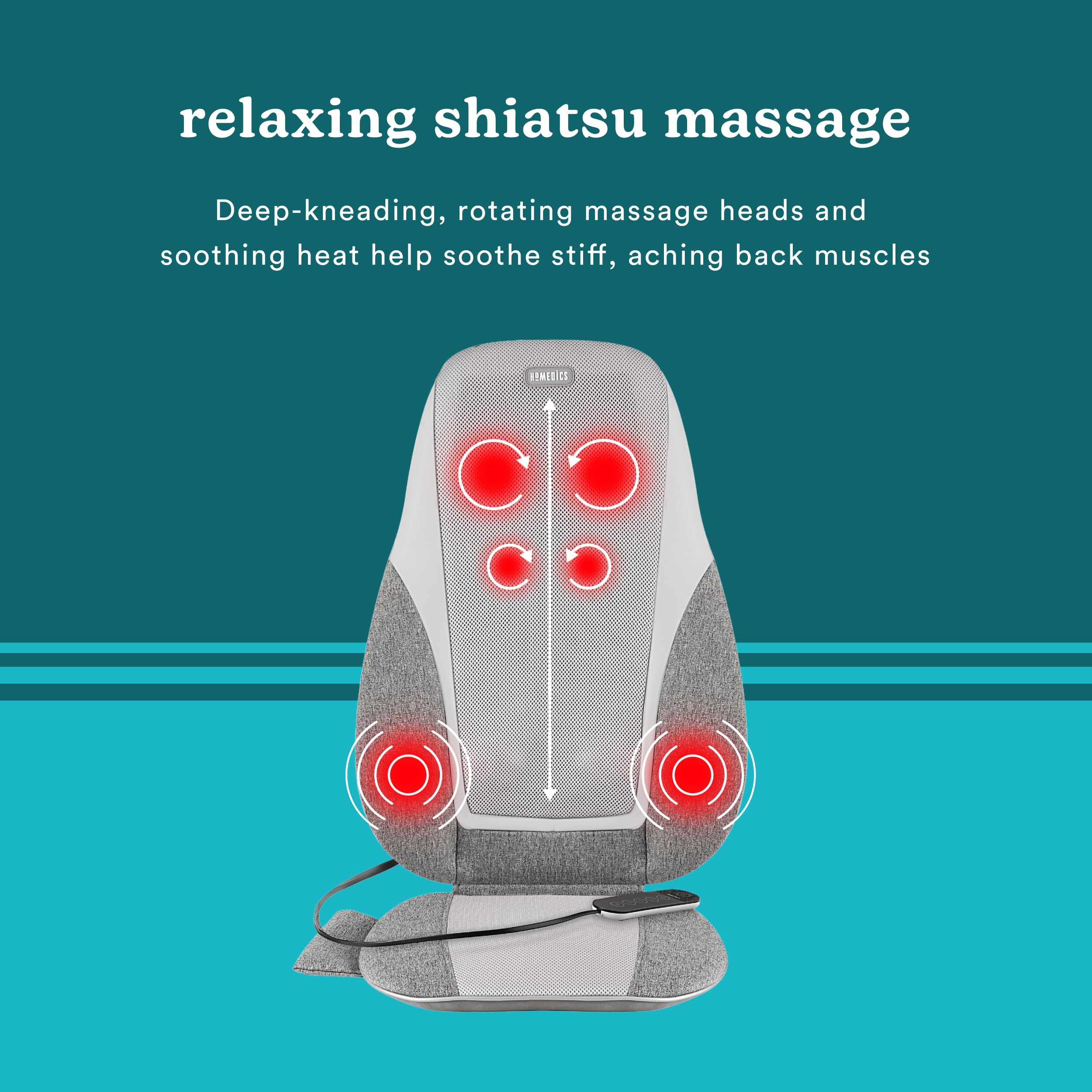 Homedics Shiatsu + Kneading & Vibration Massage Cushion With Heat, Deep Kneading, Handheld Remote, Lumbar Vibration Waves, 3 Mas