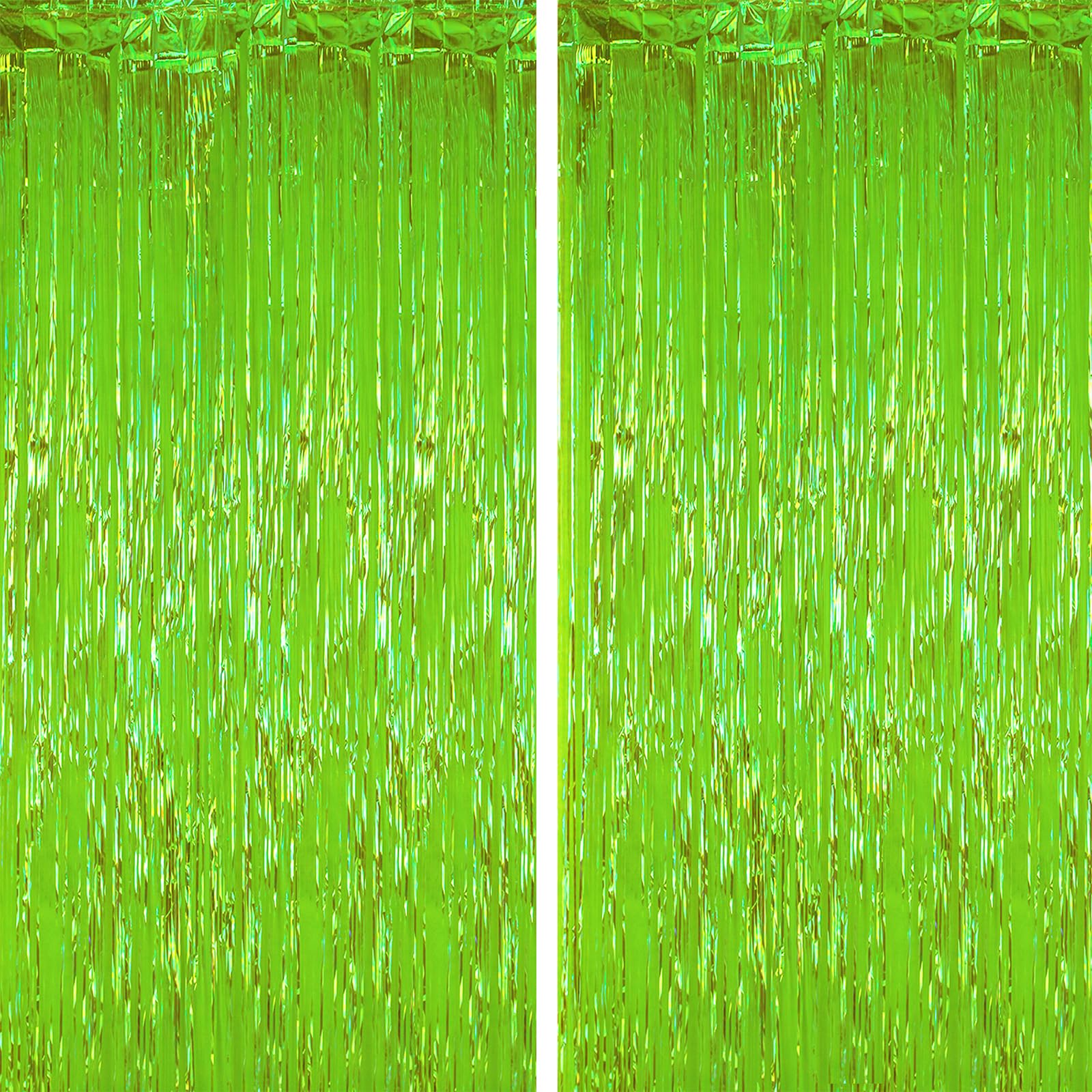 Voircoloria 2 Pack Green Iridescent Tinsel Foil Fringe Curtains, Neon Party Decorations, Metallic Tinsel Party Streamers Backdro