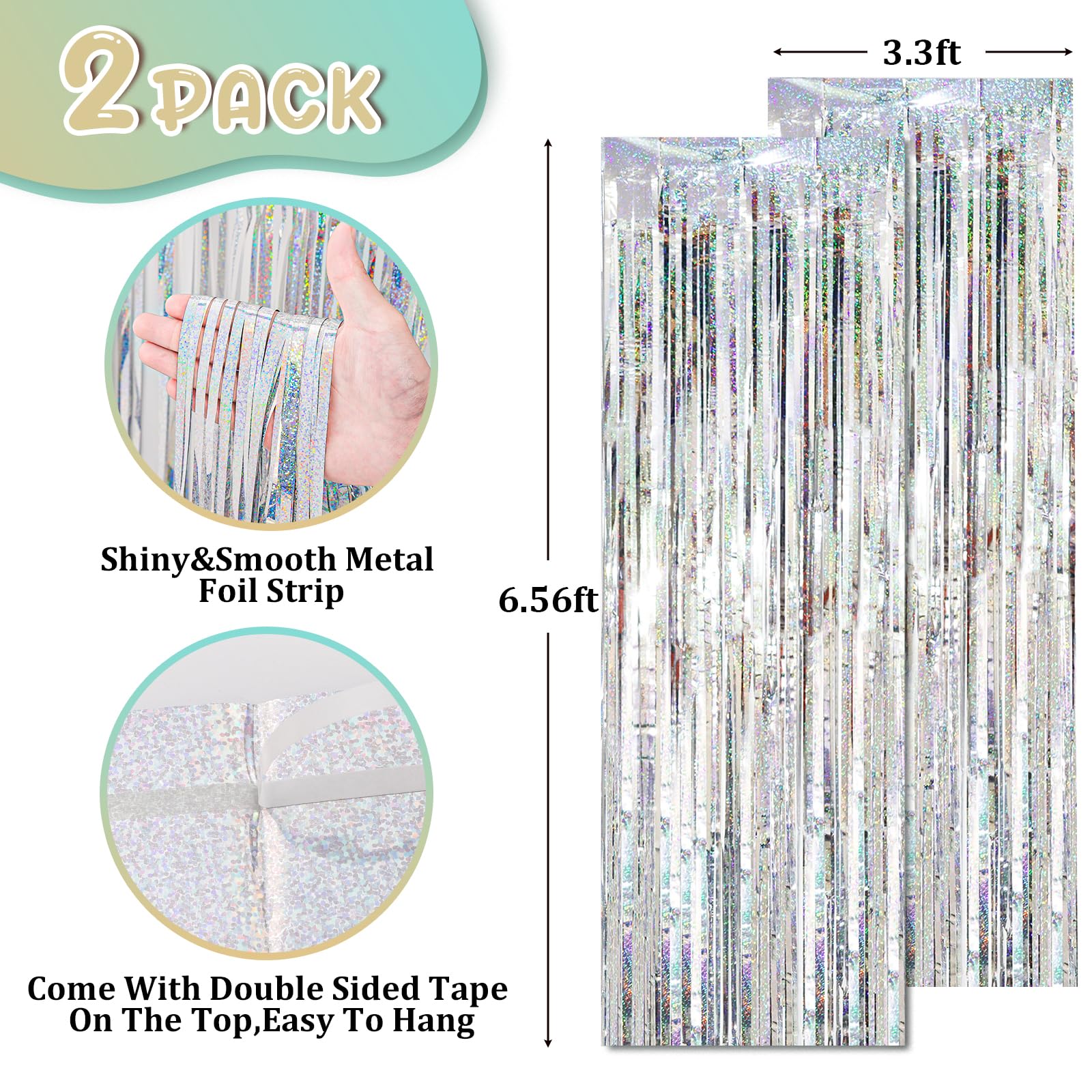 Voircoloria 2 Pack Laser Silver Tinsel Foil Fringe Curtains, Silver Party Decorations, Metallic Tinsel Party Streamers Backdrop