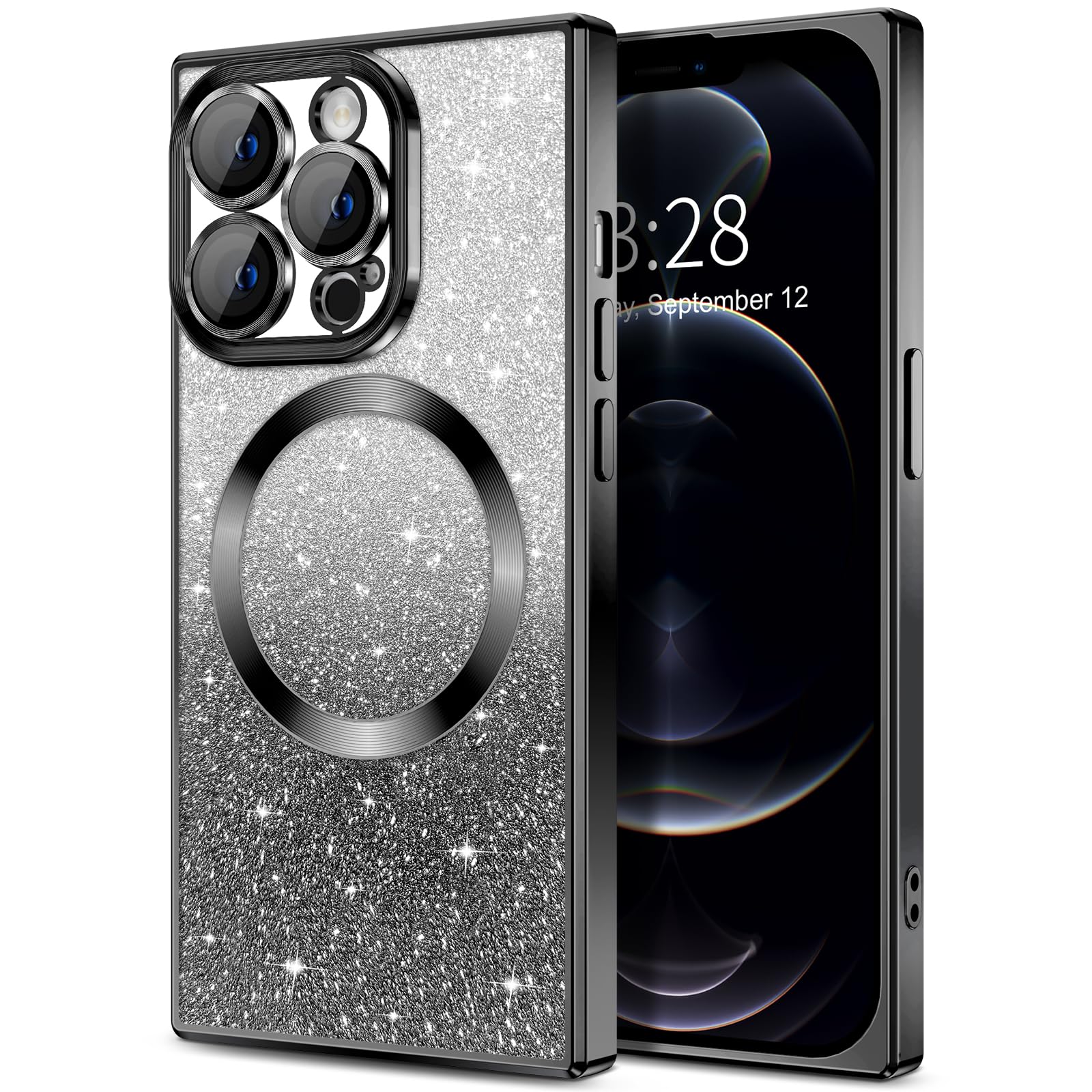 Hython For Iphone 12 Pro Max Case Clear Magnetic Glitter Phone Cases [Compatible With Magsafe] Full Camera Lens Protector Gradie