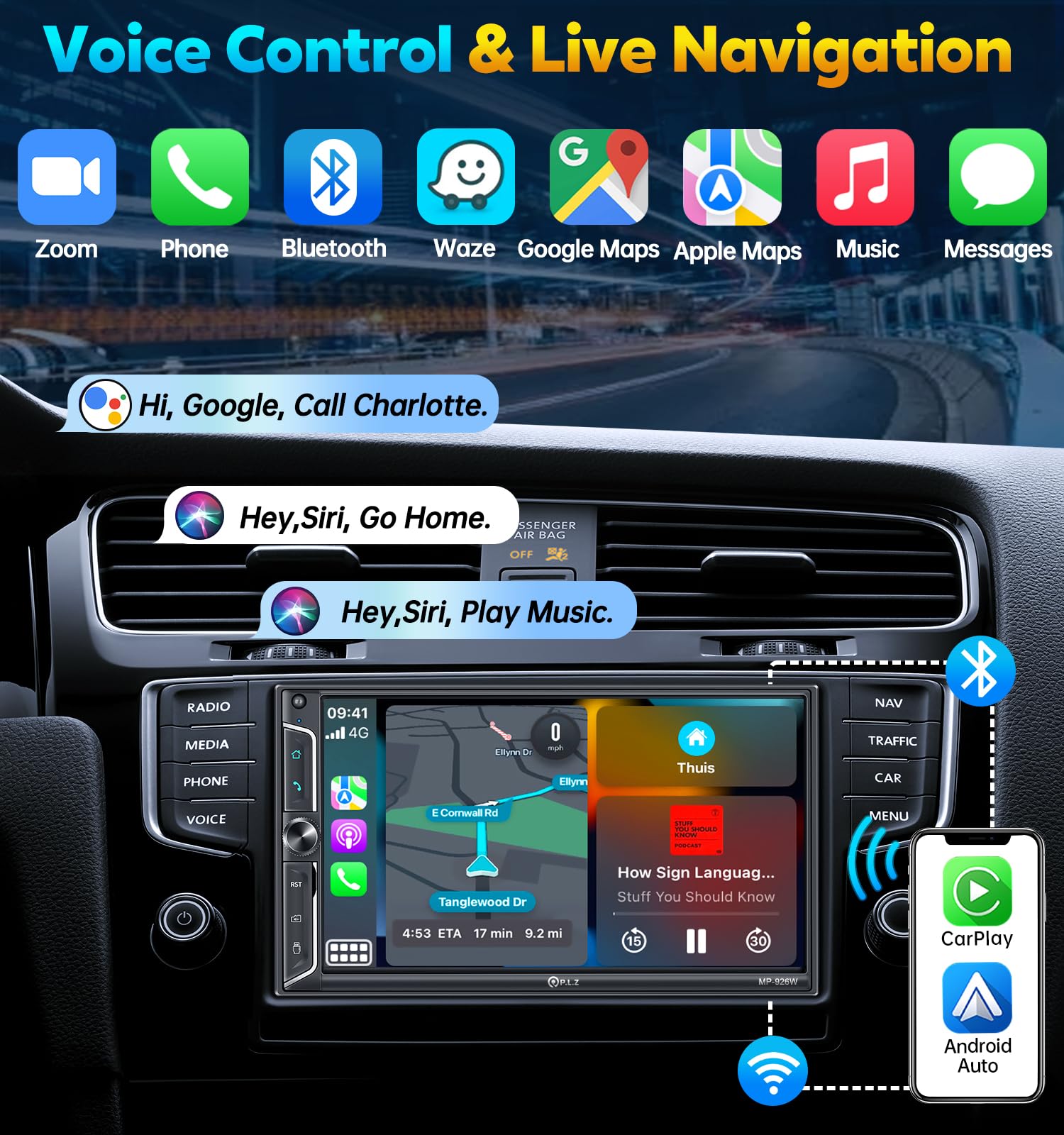 Plz 7'' Wireless Double Din Car Stereo Apple Car Play Radio Carplay Android Auto Qled Touch Screen, Bluetooth 5.3 Audio Receiver