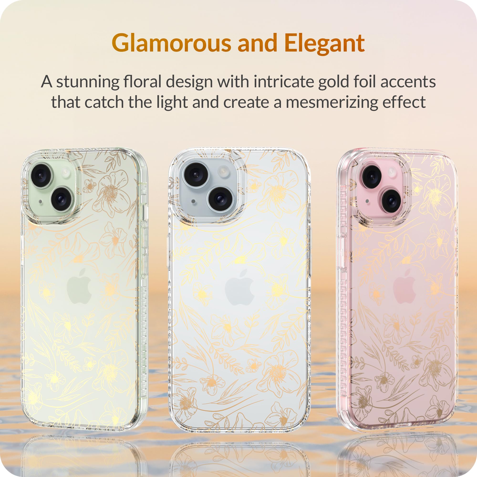 Lonli Hue   For Iphone 15 Plus Case   Gold Foild Flower Pattern Phone Case For Iphone   For Iphone Women, Girls And Men   Cute A