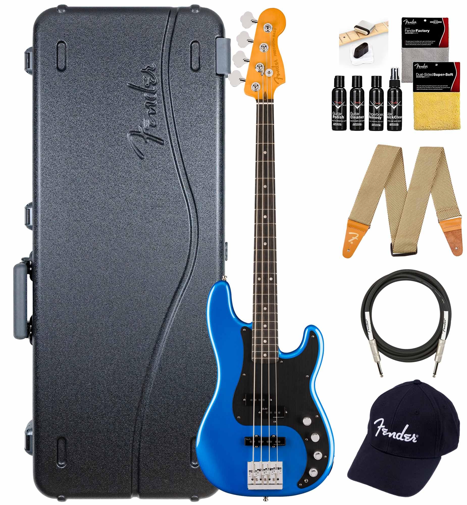 Fender American Ultra II Precision Bass - Noble Blue Bundle with Case, Strap, Cable, Hat, and Guitar Cleaning Kit