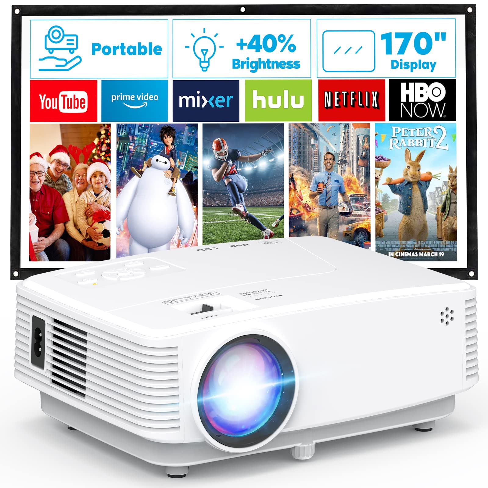 Mini Projector, Hd Portable Projector 1080P Full Hd Supported, Movie Projector Compatible With Smartphone & Tablet Tv Stick Lapt