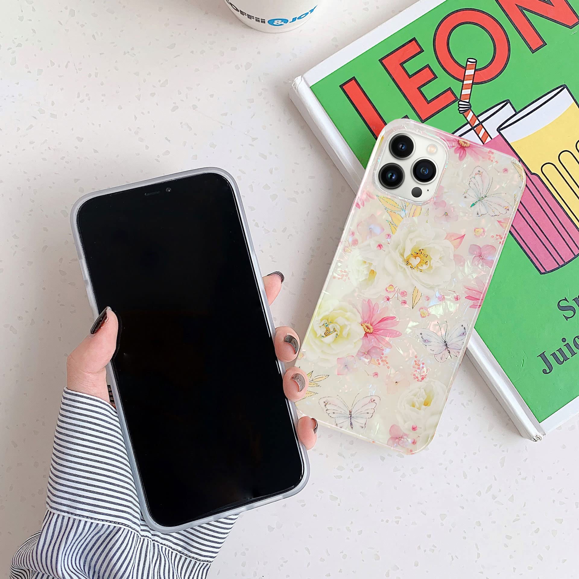 J.West Iphone Iphone 12 Pro Max Case 6.7 Inch,Luxury Sparkle Glitter Soft Clear Colorful Opal Pearly Thinfoil Design Shiny Flora