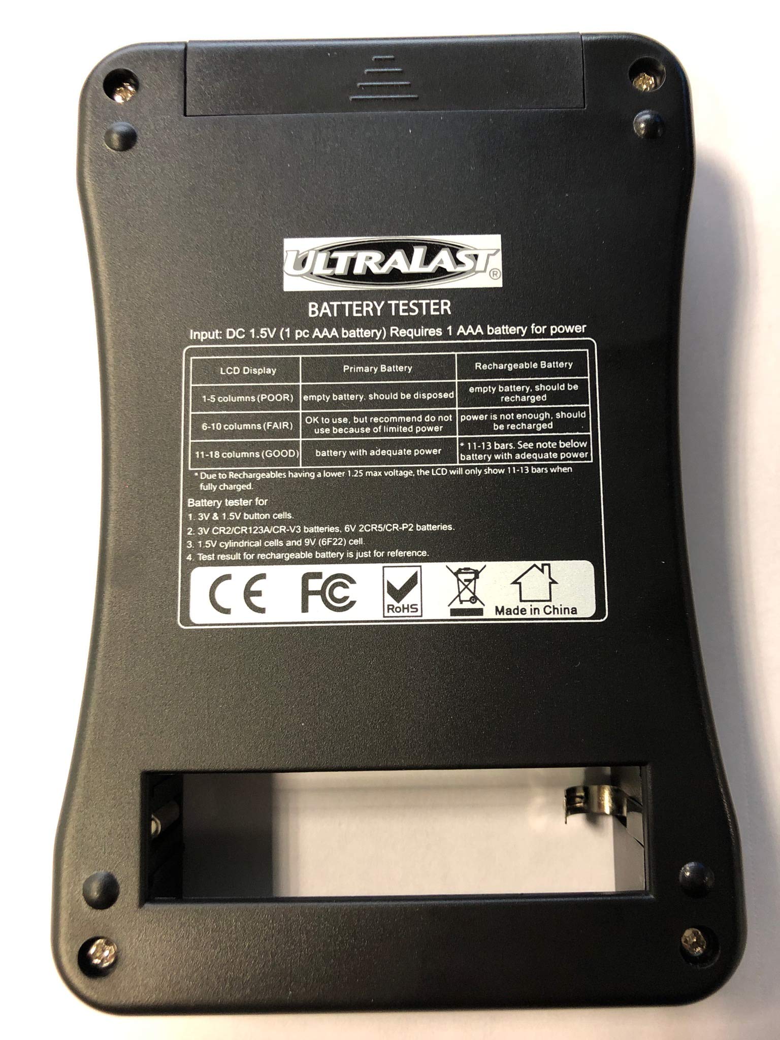 Ultralast - Ulmultitest Alkaline / Ni-Cd / Ni-Mh / Photo Lithium & Coin Battery Tester. Tests Aa / Aaa / 9V / C / D / Photo Lith