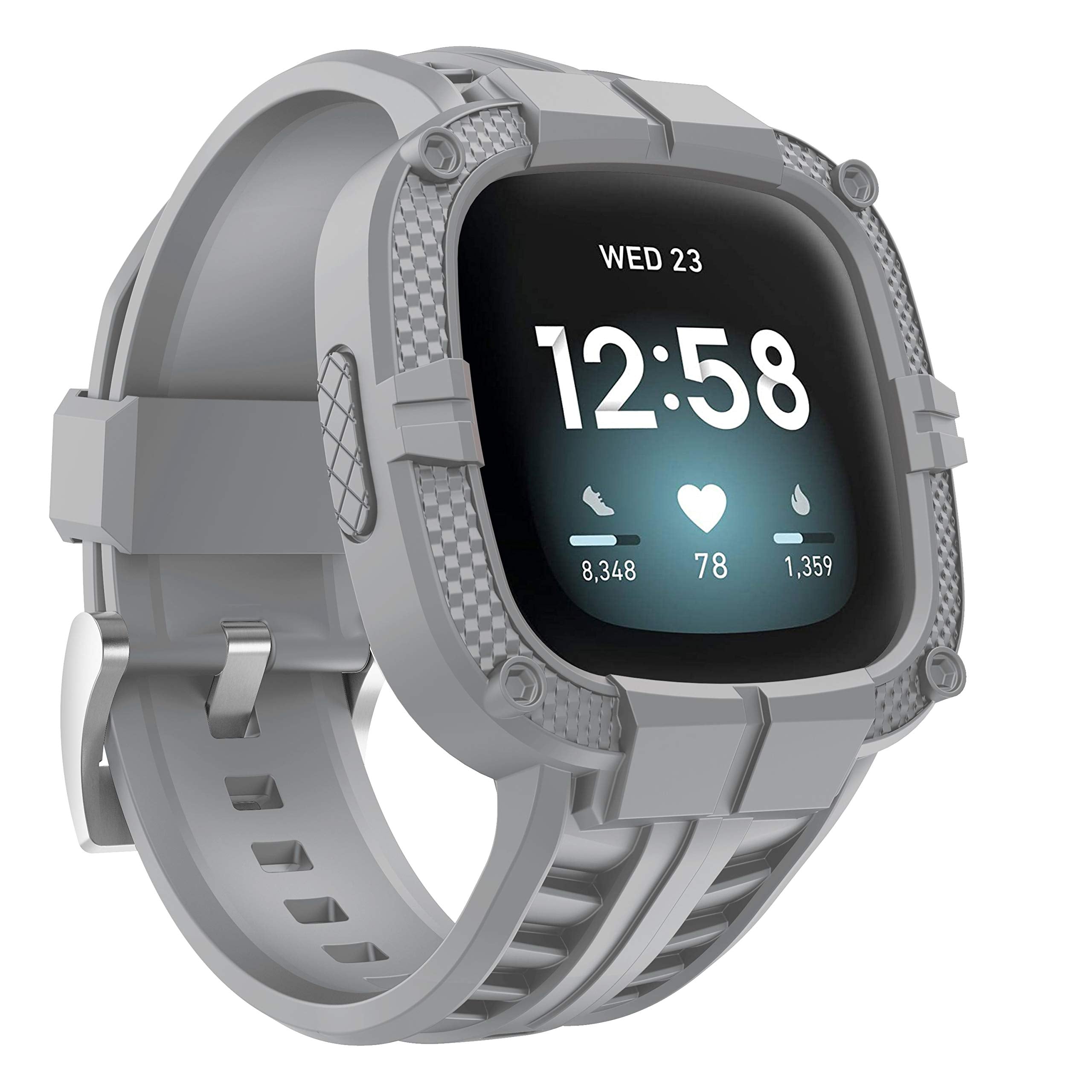 Gelishi Compatible For Fitbit Versa 3/Fitbit Sense Bands With Case, Men Tpu Sport Band Rugged Shockproof Protective Case Wristband For Fitbit Versa 3, Grey