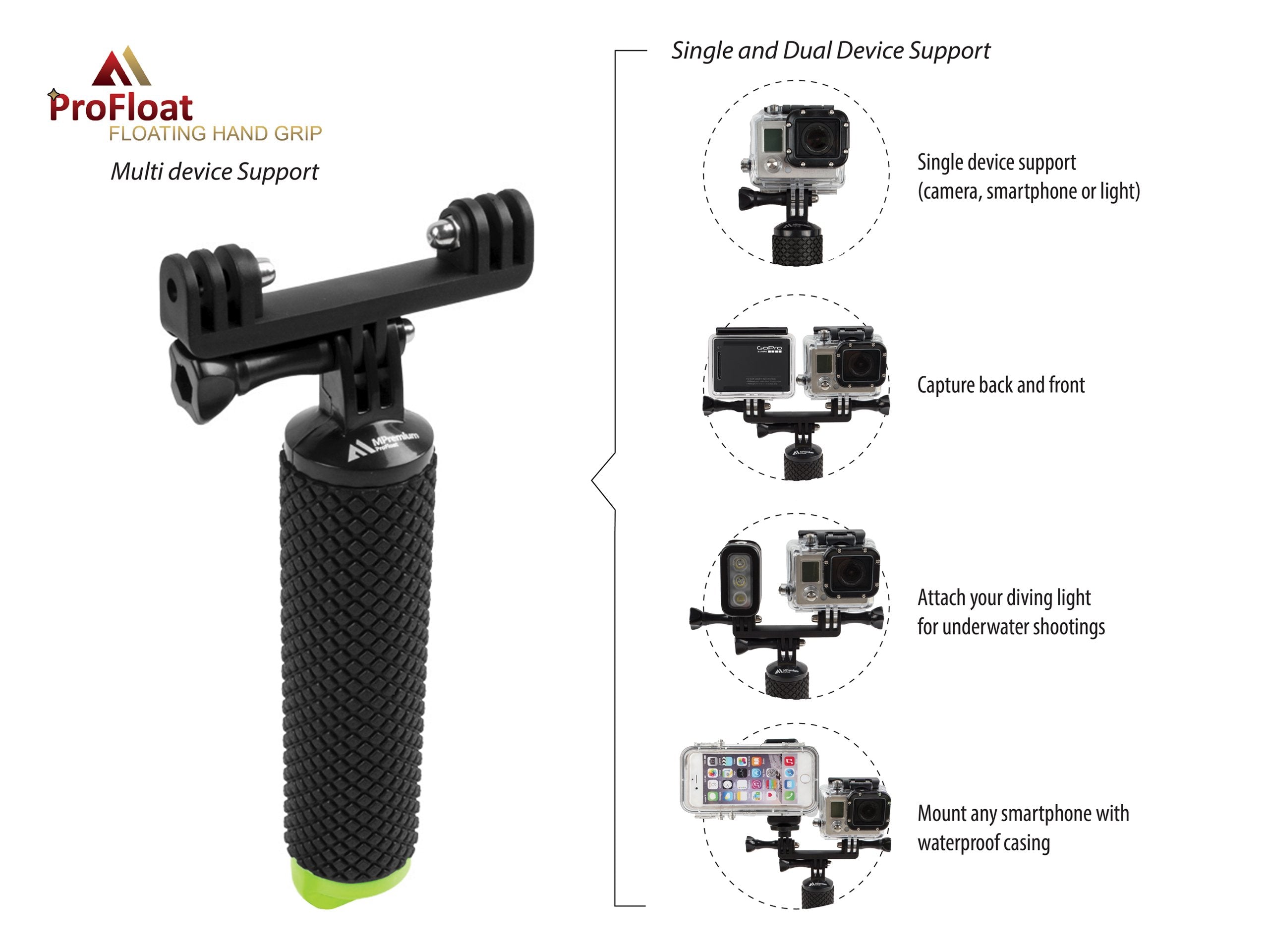 Mipremium Waterproof Floating Hand Grip Compatible With Gopro Cameras Hero 12 11 10 9 8 7 6 5 4 3 2 Session Black Silver Handler And Handle Mount Accessories For Water Sport & Action Cameras (Green)