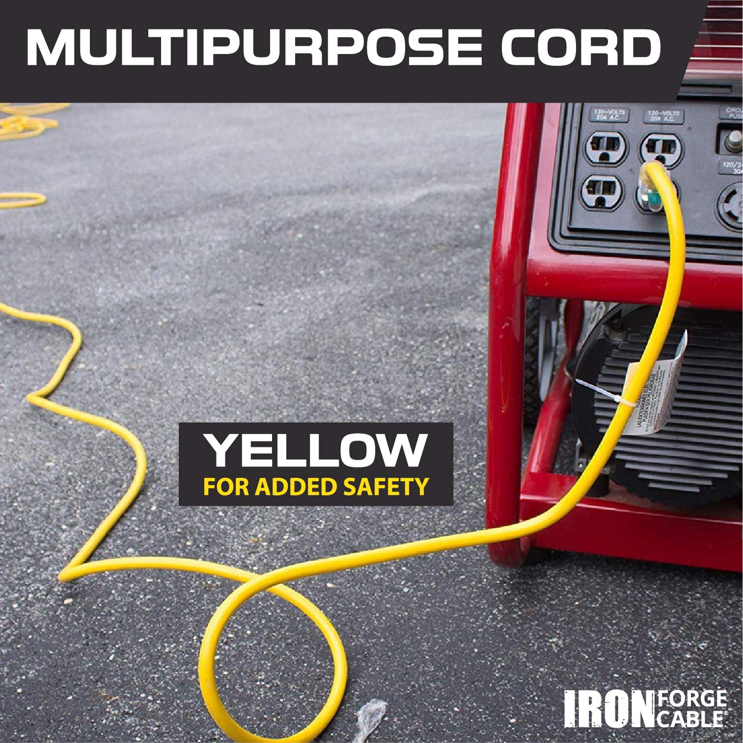 Iron Forge Cable 75 Foot Lighted Outdoor Extension Cord With 3 Electrical Power Outlets   12/3 Sjtw Heavy Duty Yellow Extension Cable With 3 Prong Grounded Plug For Safety, 15 Amp