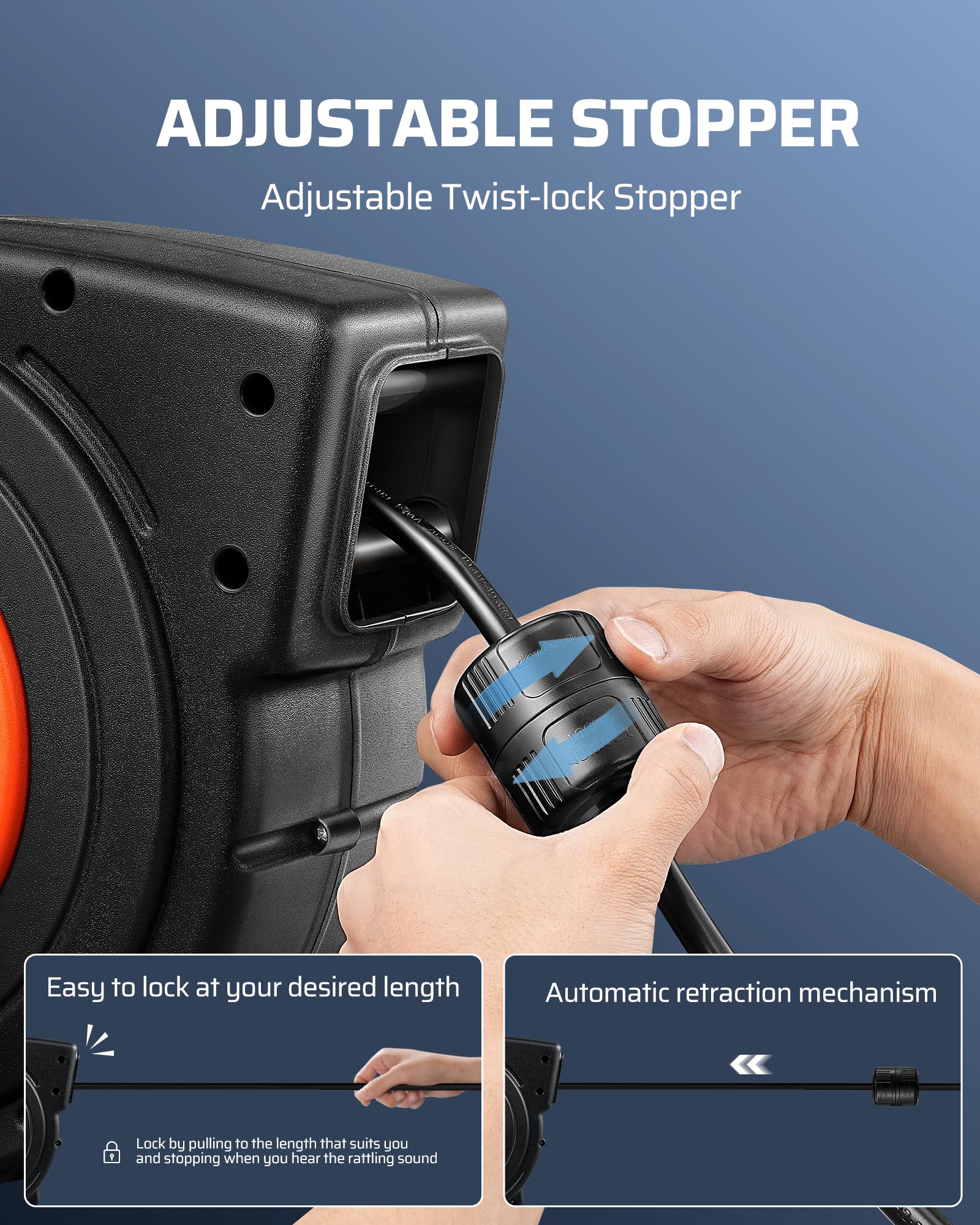 Dewenwils 40 Ft Retractable Extension Cord Reel, 12/3C Sjtow Heavy Duty Power Cord, Twist Lock Stopper, 6 Grounded Outlets, 15A