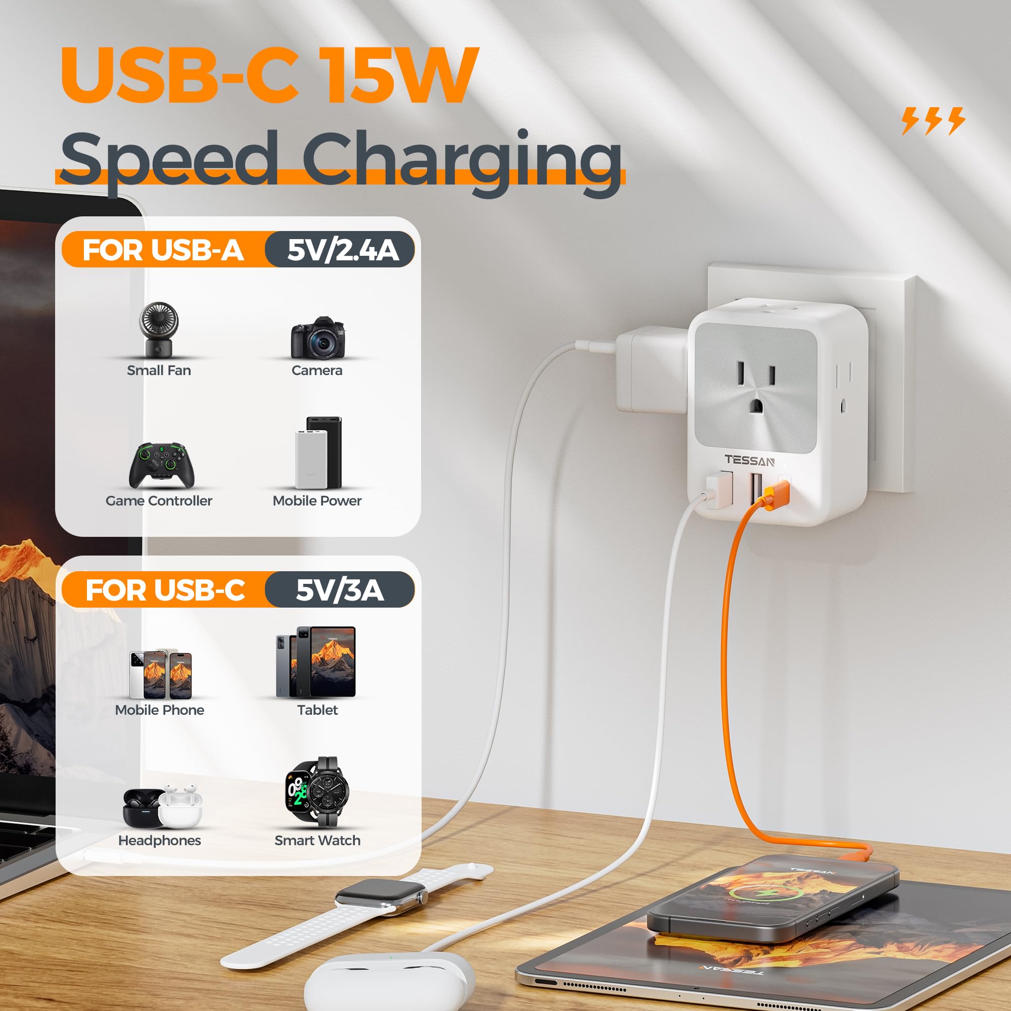 Us To India Plug Adapter 2 Pack, Tessan Type D Travel Adapter With 4 Ac Outlets 3 Usb Ports (1 Usb C), 7 In 1 India Travel Plug