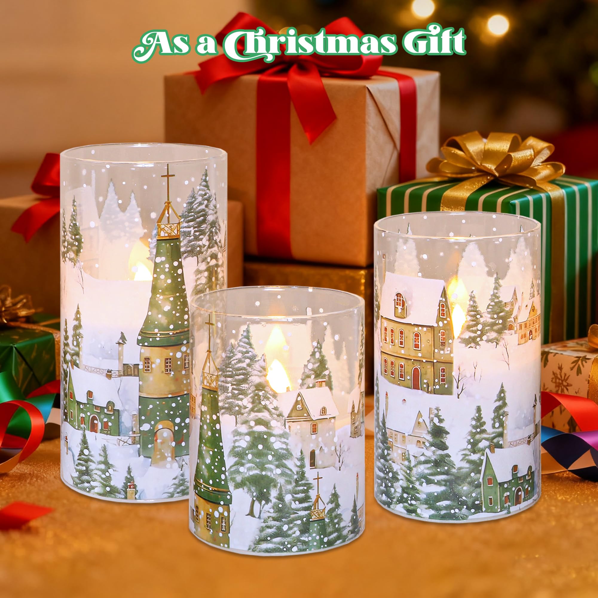 Christmas Flameless Candles Winter Village Scene Battery Operated Candles With Remote Control & Timer Function Real Wax Led Cand